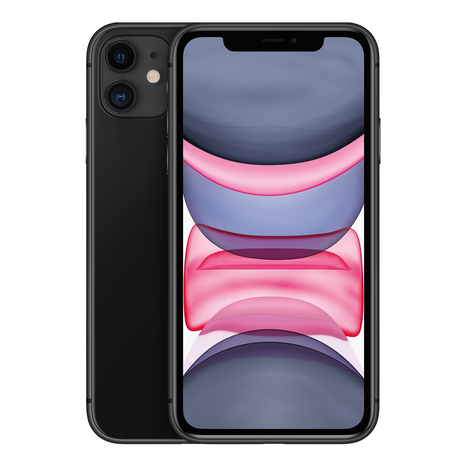 Black iPhone with a colorful abstract wallpaper on the screen, displaying curved shapes in pink, purple, and blue.