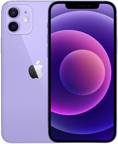 A purple iPhone with dual rear cameras and a large display showing a purple and pink gradient wallpaper.