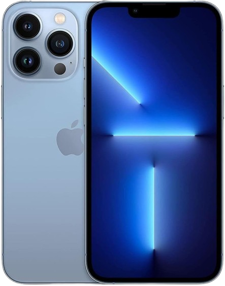 A blue iPhone with a triple camera and flash on the back, showing front display with a blue and black abstract background.