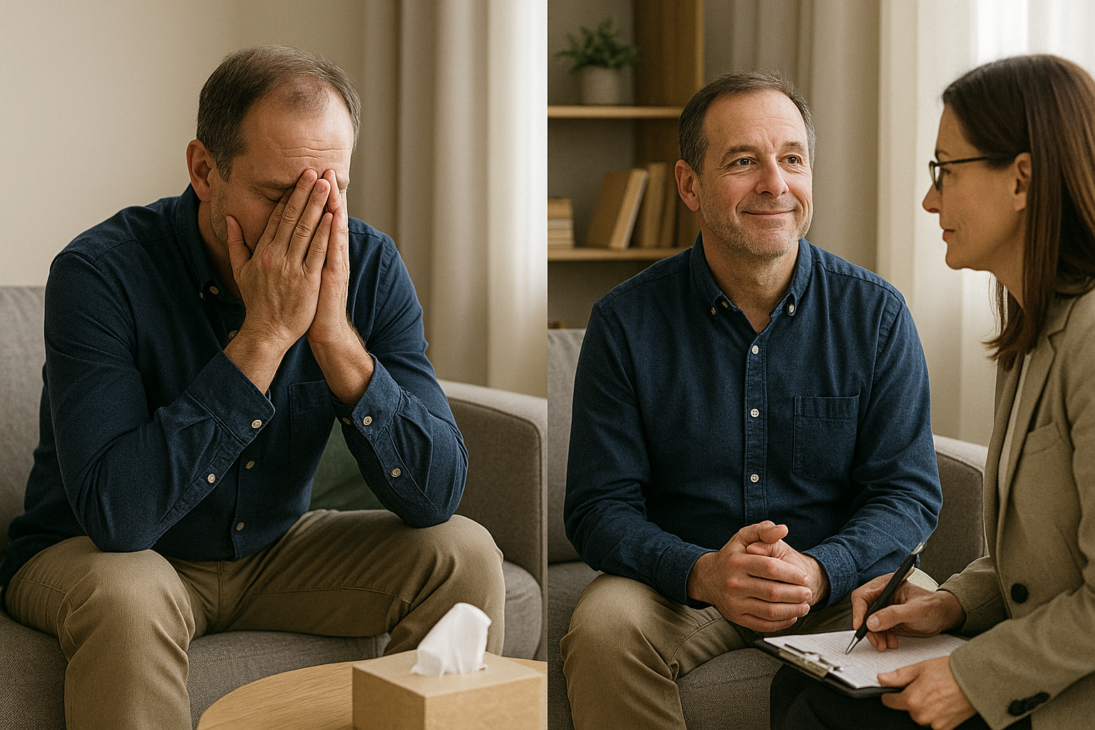 A man is sitting on a couch with his hands covering his face, appearing upset. In a separate image, the same man is smiling and talking to a woman who is taking notes on a clipboard, indicating a therapy session or counseling.