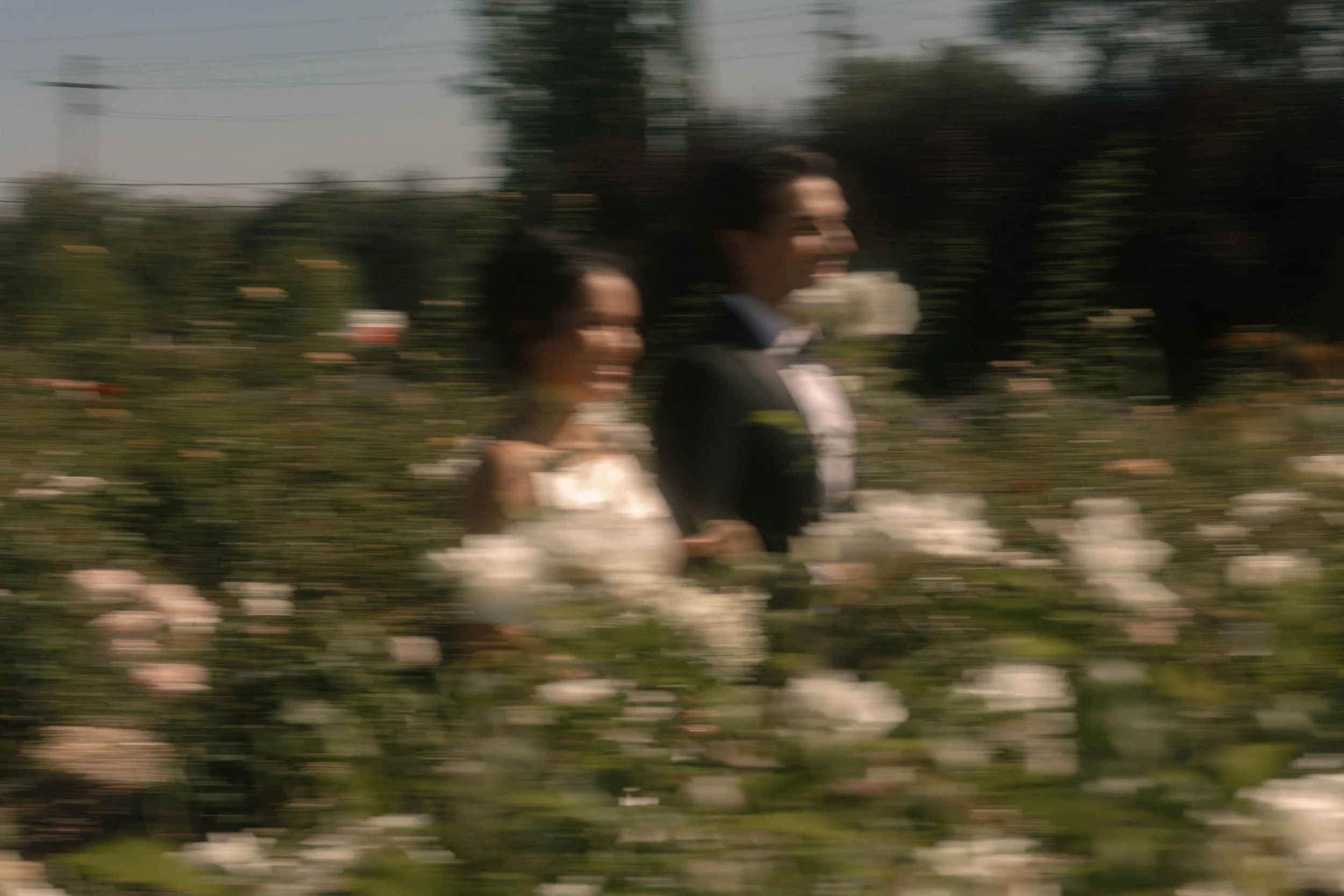 Blurred photo of a couple dressed in wedding attire walking through a garden with pink and white flowers.