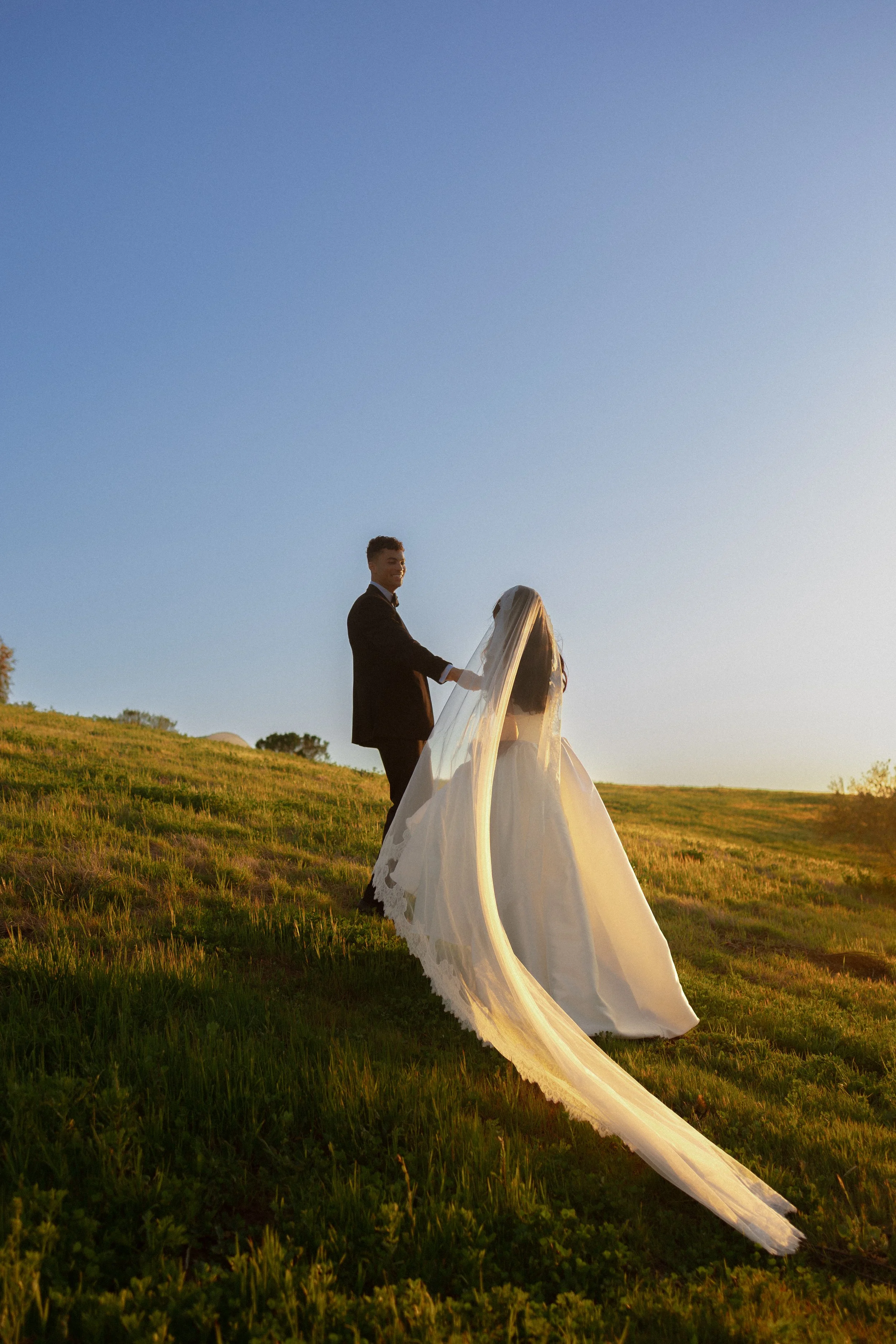 A bride and groom holding hands on a grassy hill during sunset, with the bride's long veil flowing behind her.