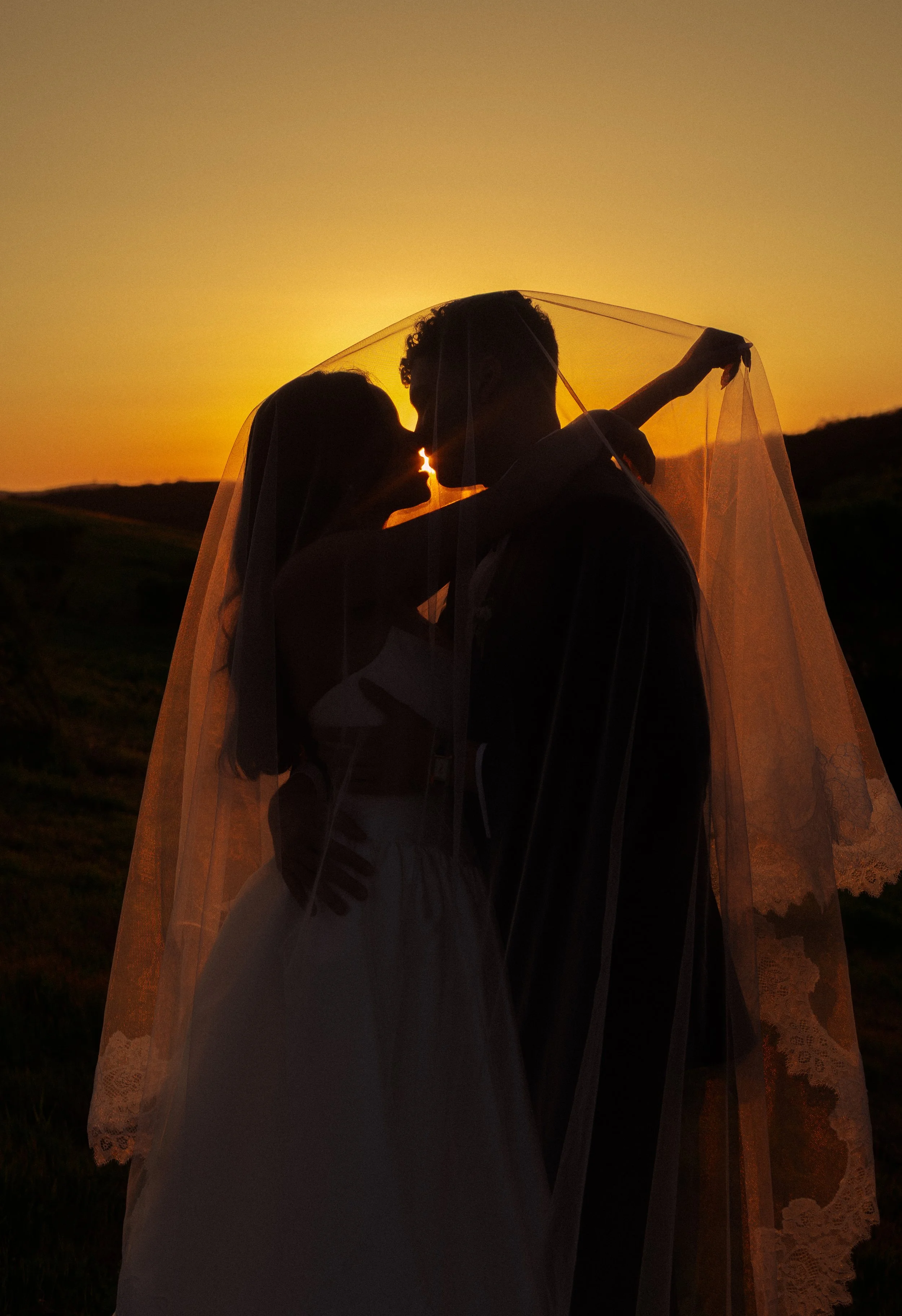 Silhouetted couple, bride and groom, under a veil against a sunset in a rural landscape.