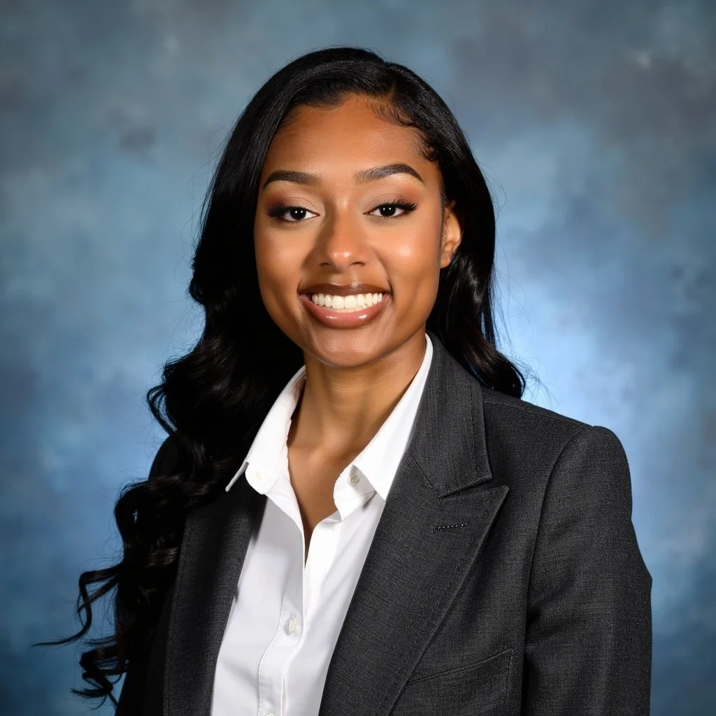 Portrait of a young woman in professional attire smiling against a blue background.