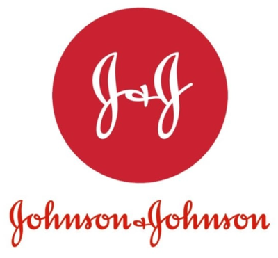 Johnson & Johnson logo with a red circle containing the initials 'J&J' above the full brand name in red script.