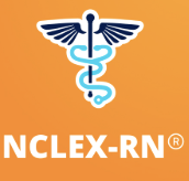 NCLEX-RN logo with a medical caduceus symbol on an orange background