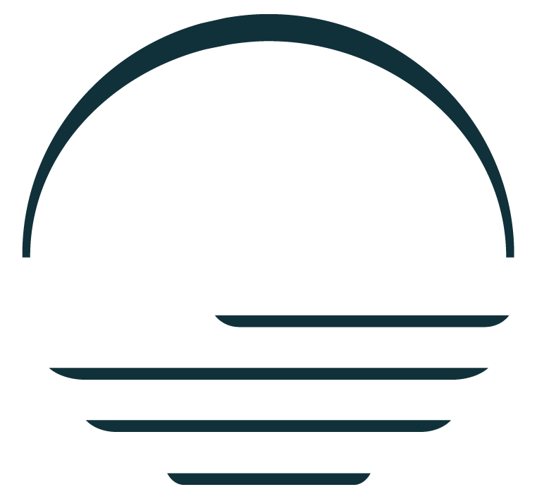 Minimalist line drawing of a sunset over water with a small boat.