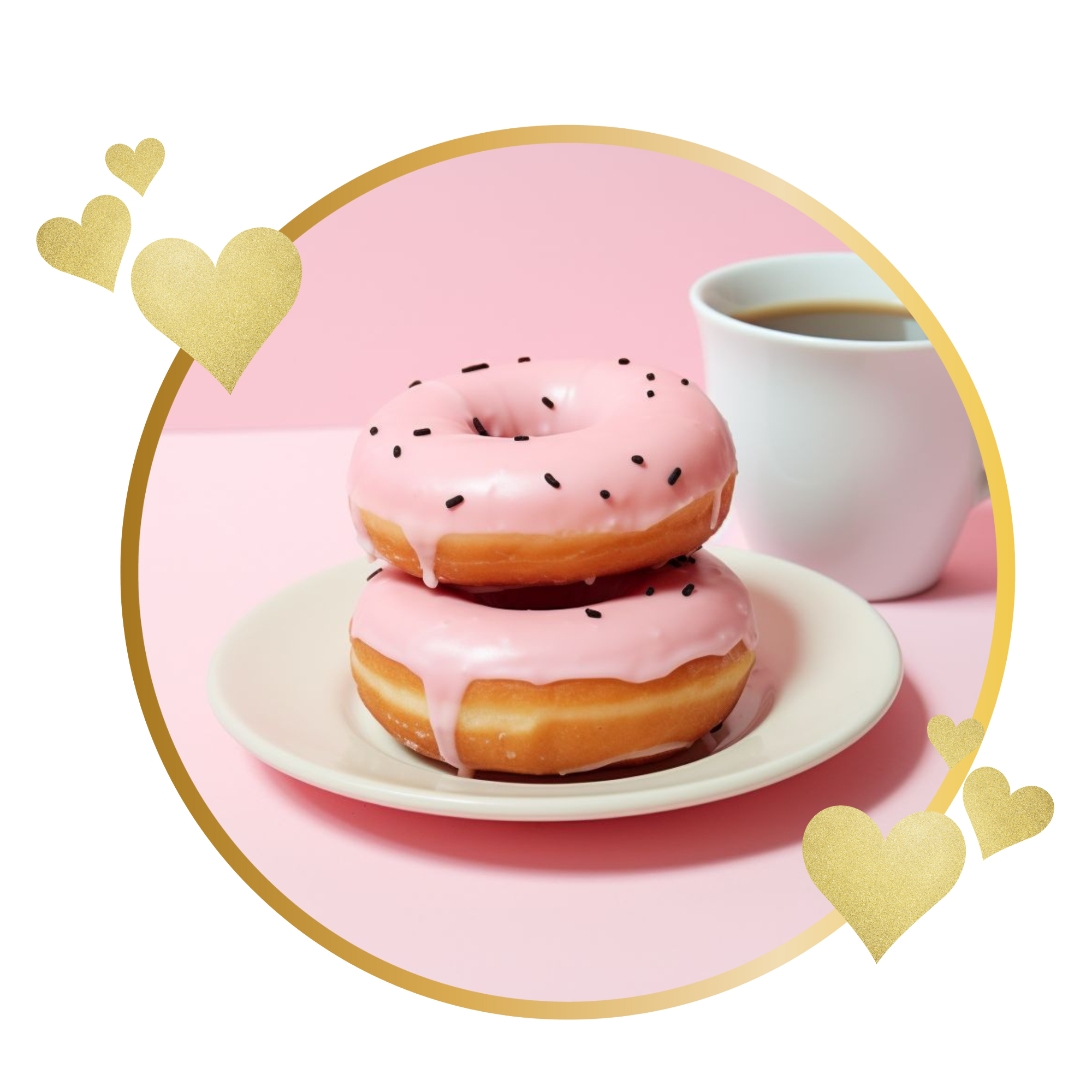 A pink glazed donut with black sprinkles on a white plate, with a cup of coffee in the background, decorated with gold hearts and a gold rainbow.