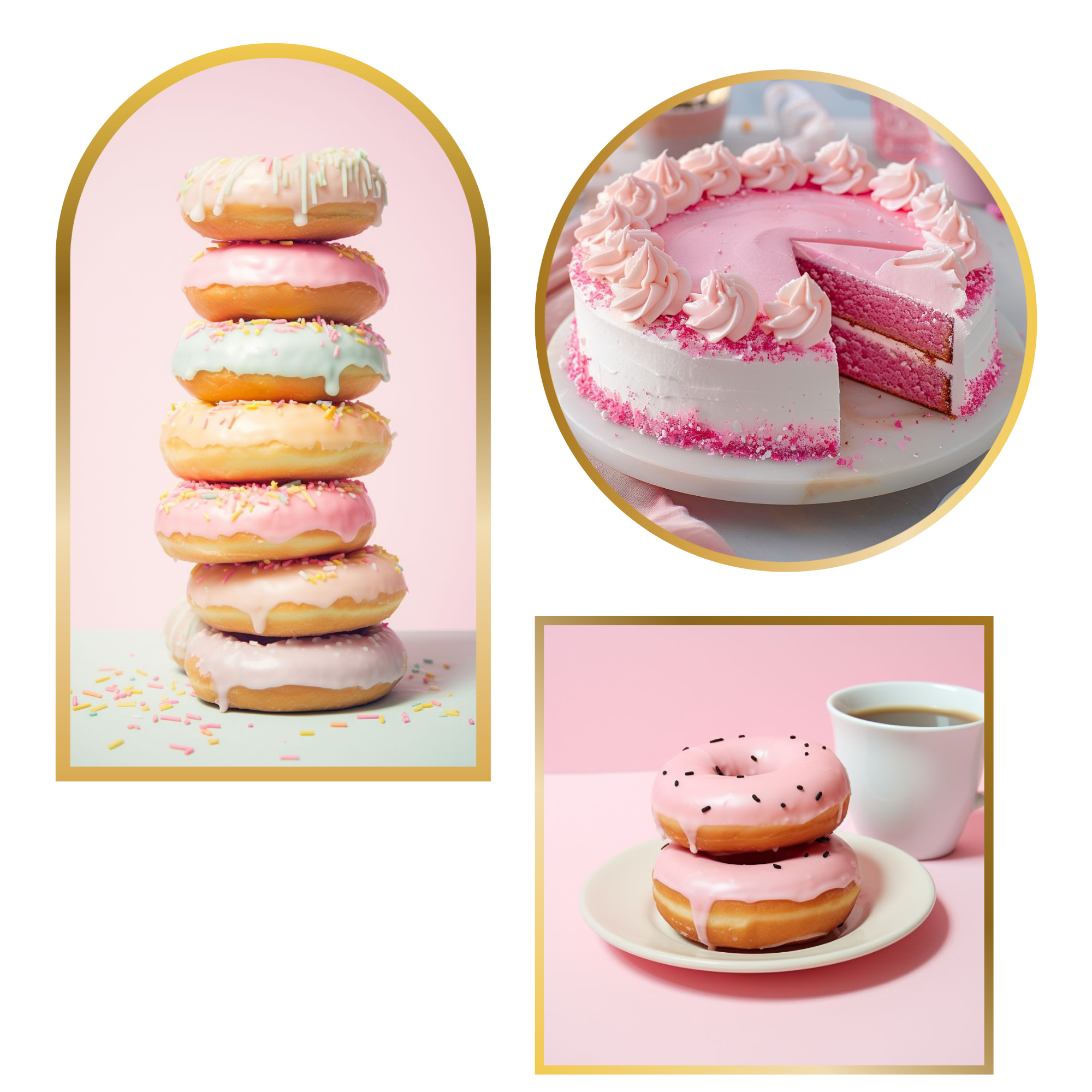 Stacked donuts topped with pink glaze, sprinkles, and white icing on a plain background; pink frosted cake with piped pink frosting and crumbs inside on a white plate with a pink backdrop; small white cup of coffee on a pink surface.