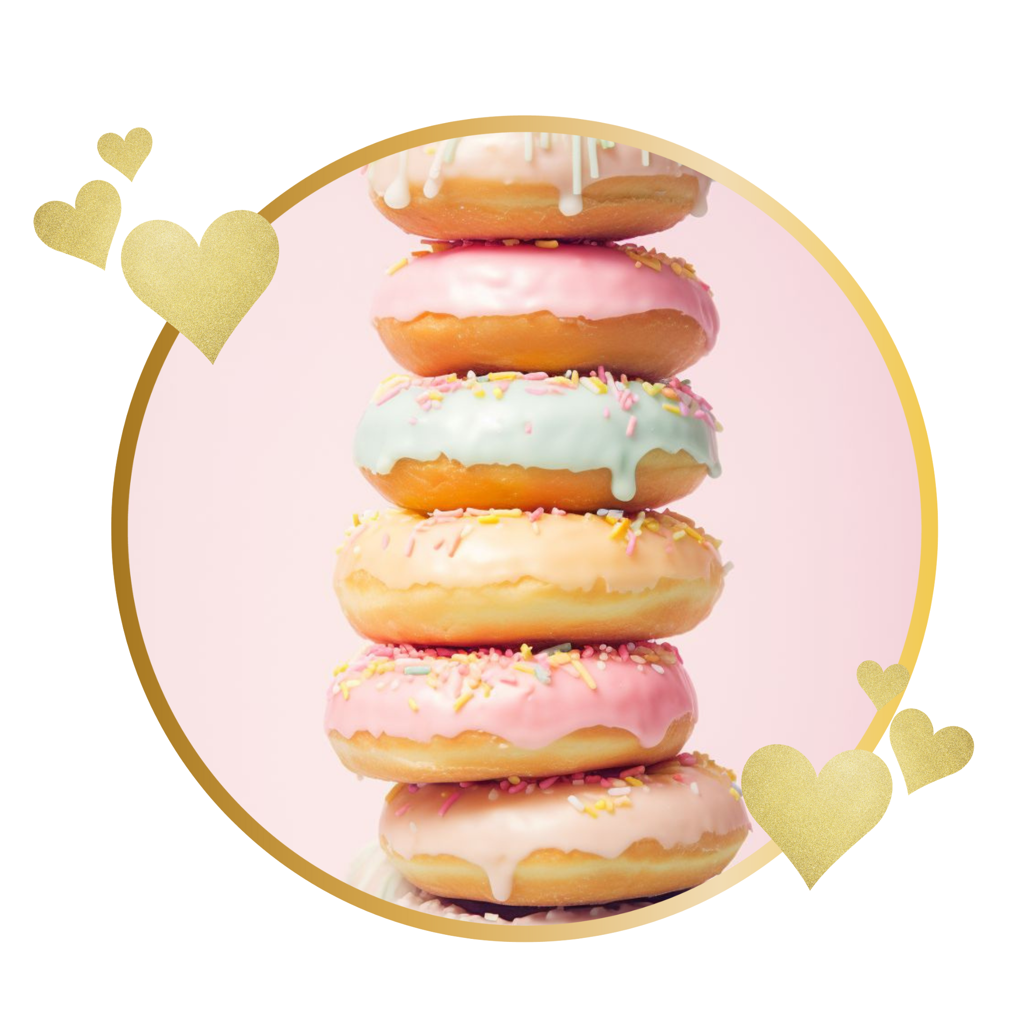 Colorful stacked donuts with pink, white, and yellow icing and sprinkles, arranged in a tower on a pink background with gold and heart decorations.