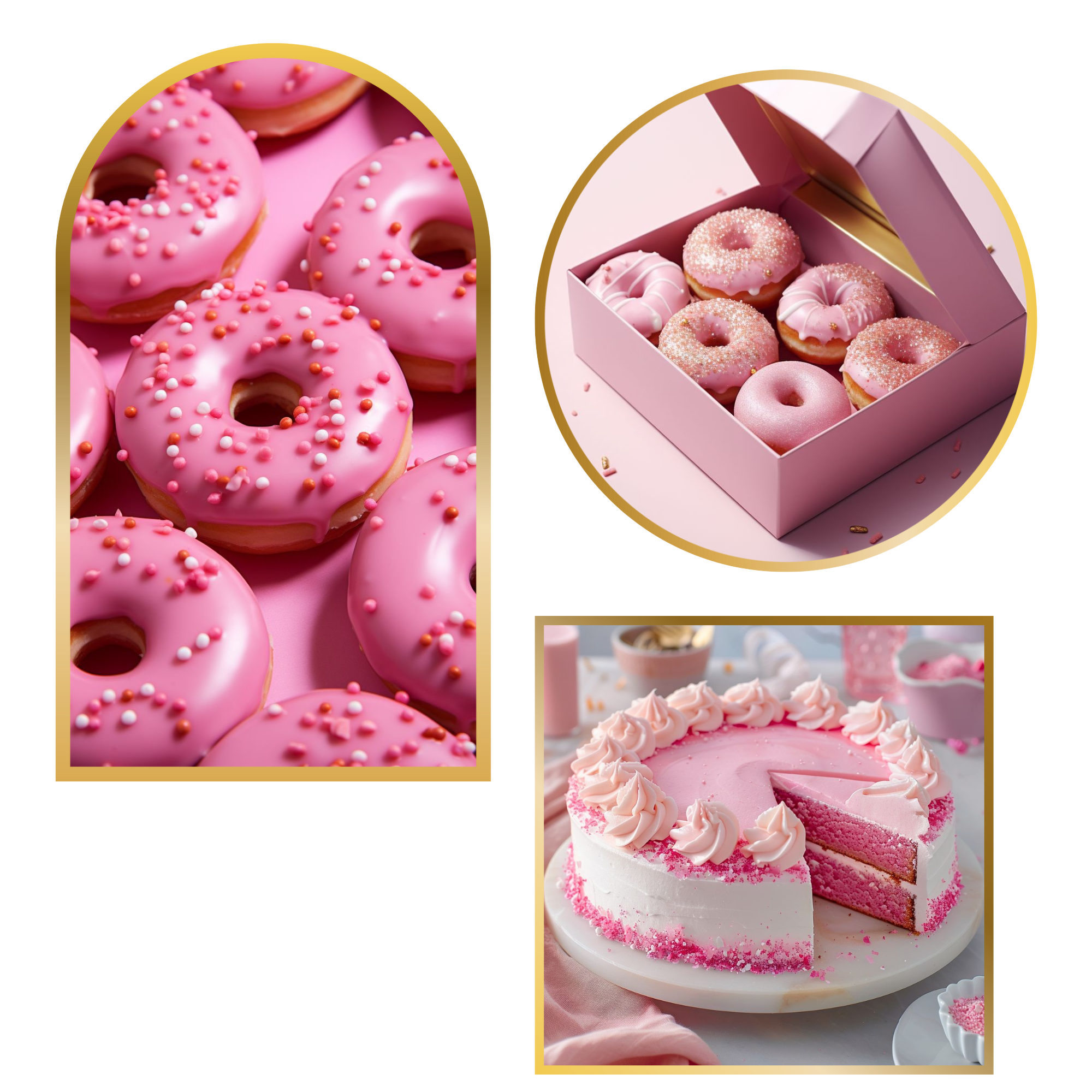 Close-up of pink frosted donuts with sprinkles and a pink birthday cake with white and pink frosting, topped with sprinkles.