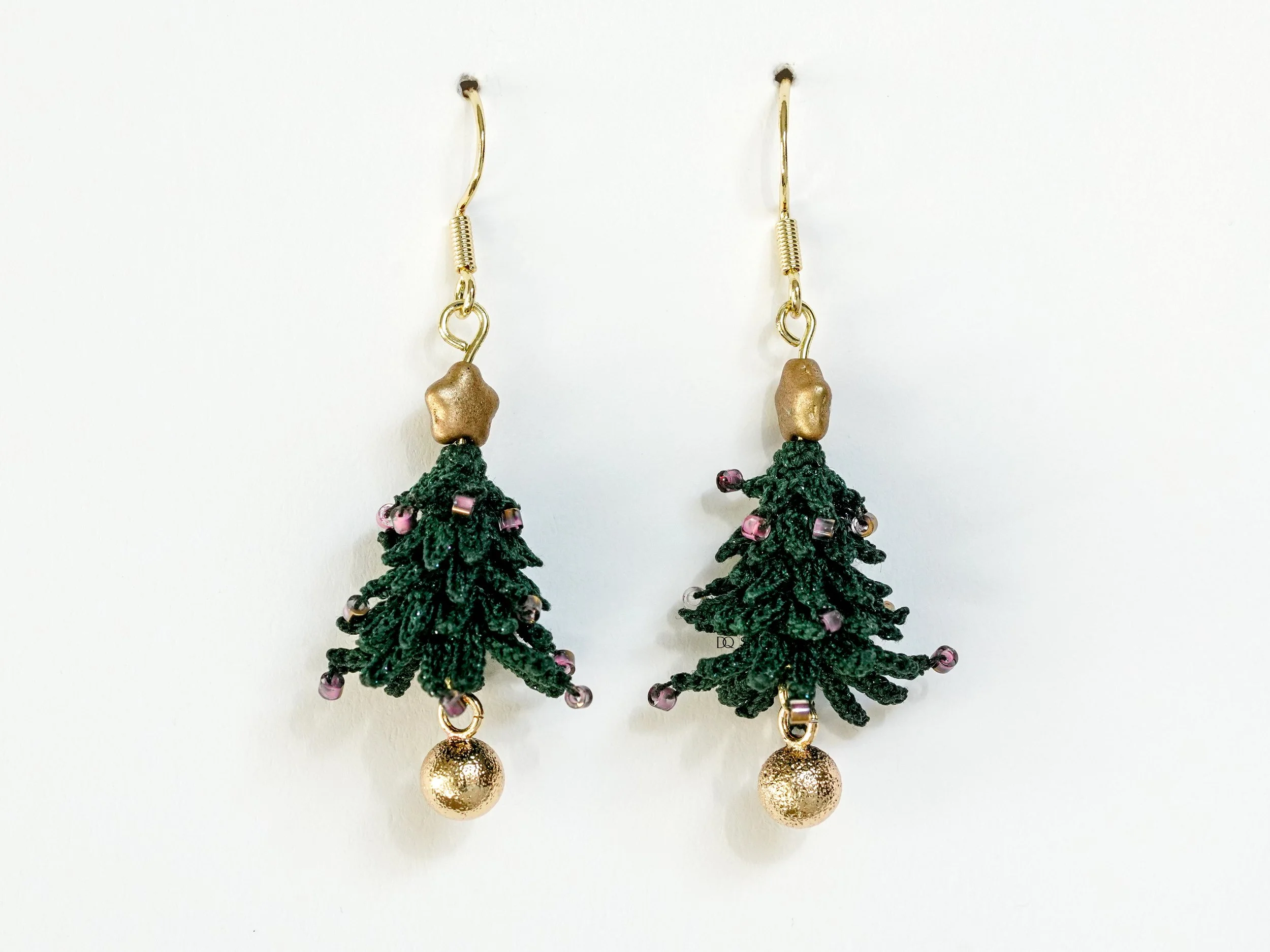 Micro Crochet Earrings Christmas Tree Handmade Holiday Jewelry Tiny Tree Earrings with Beads Unique Christmas Gift Festive Earrings