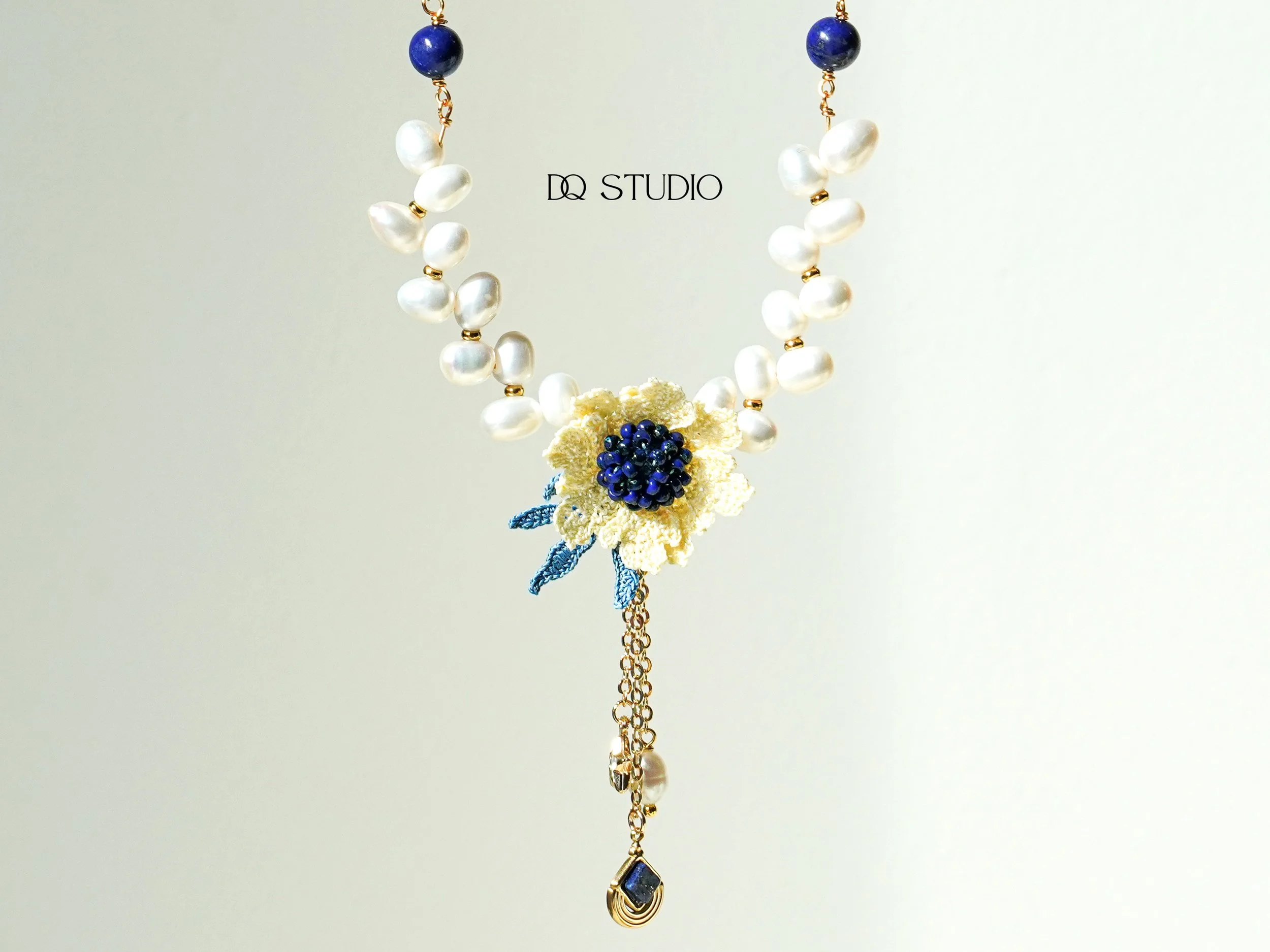 Whispering Petals Micro Crochet Coreopsis Necklace Handmade Snake Eye Daisy Necklace with Freshwater Pearl Floral Botanical