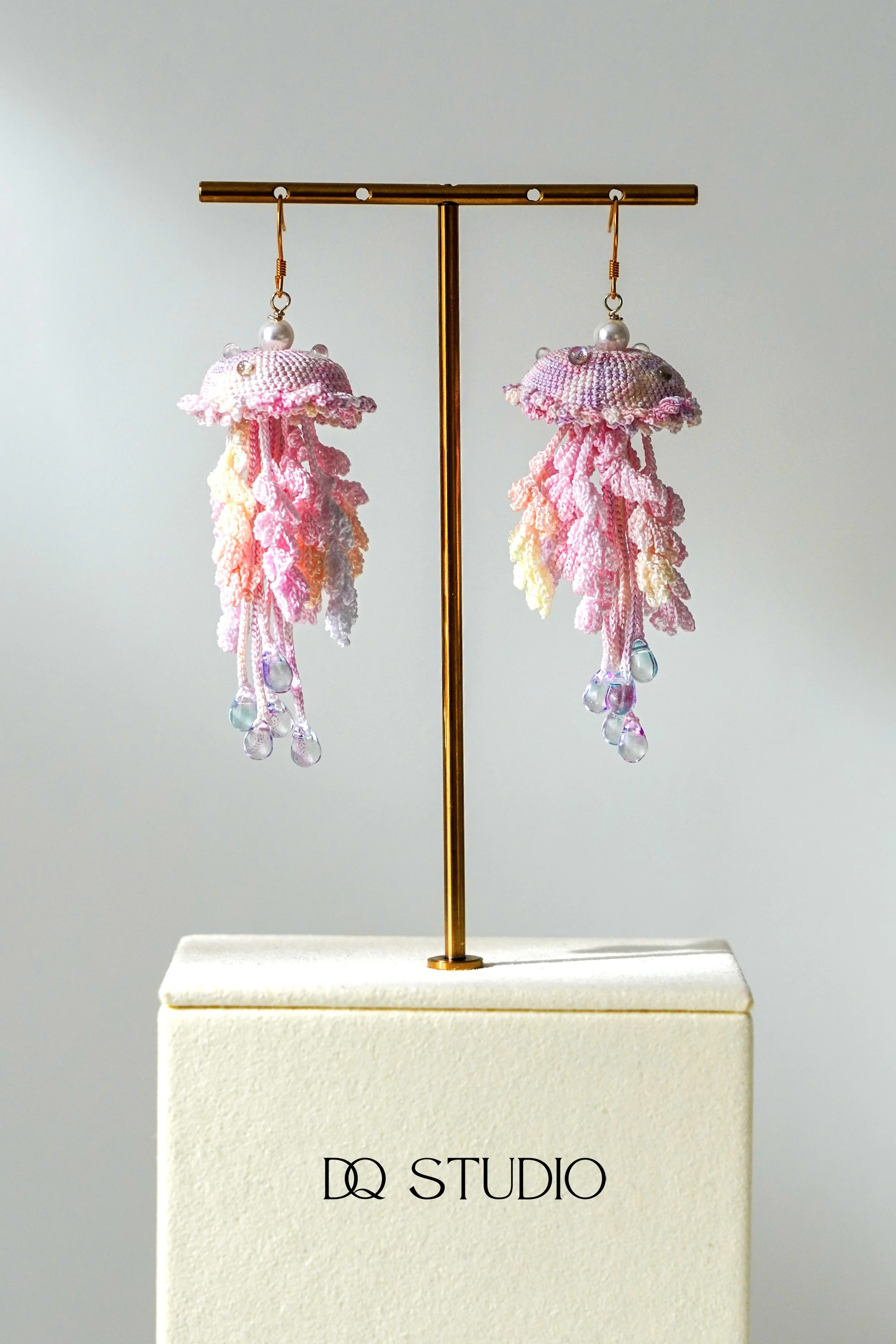 Whispering Tides Jellyfish Micro Crochet Earrings Handmade Ocean Inspired Fiber Art Sea Creature Jewelry Cute Gift for Her