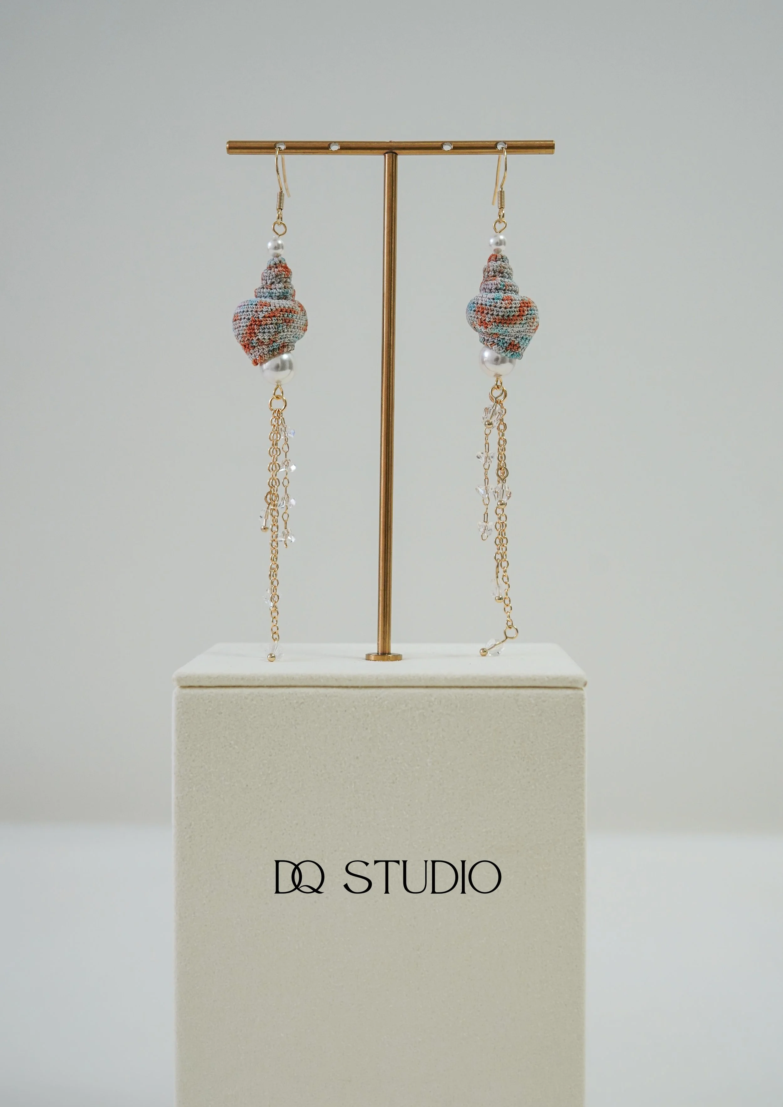 Micro Crochet Earrings Seashell Handmade Ocean Jewelry Fiber Art Shell Earrings with Crystals Beach Gift for Her Dangly Statement Earrings