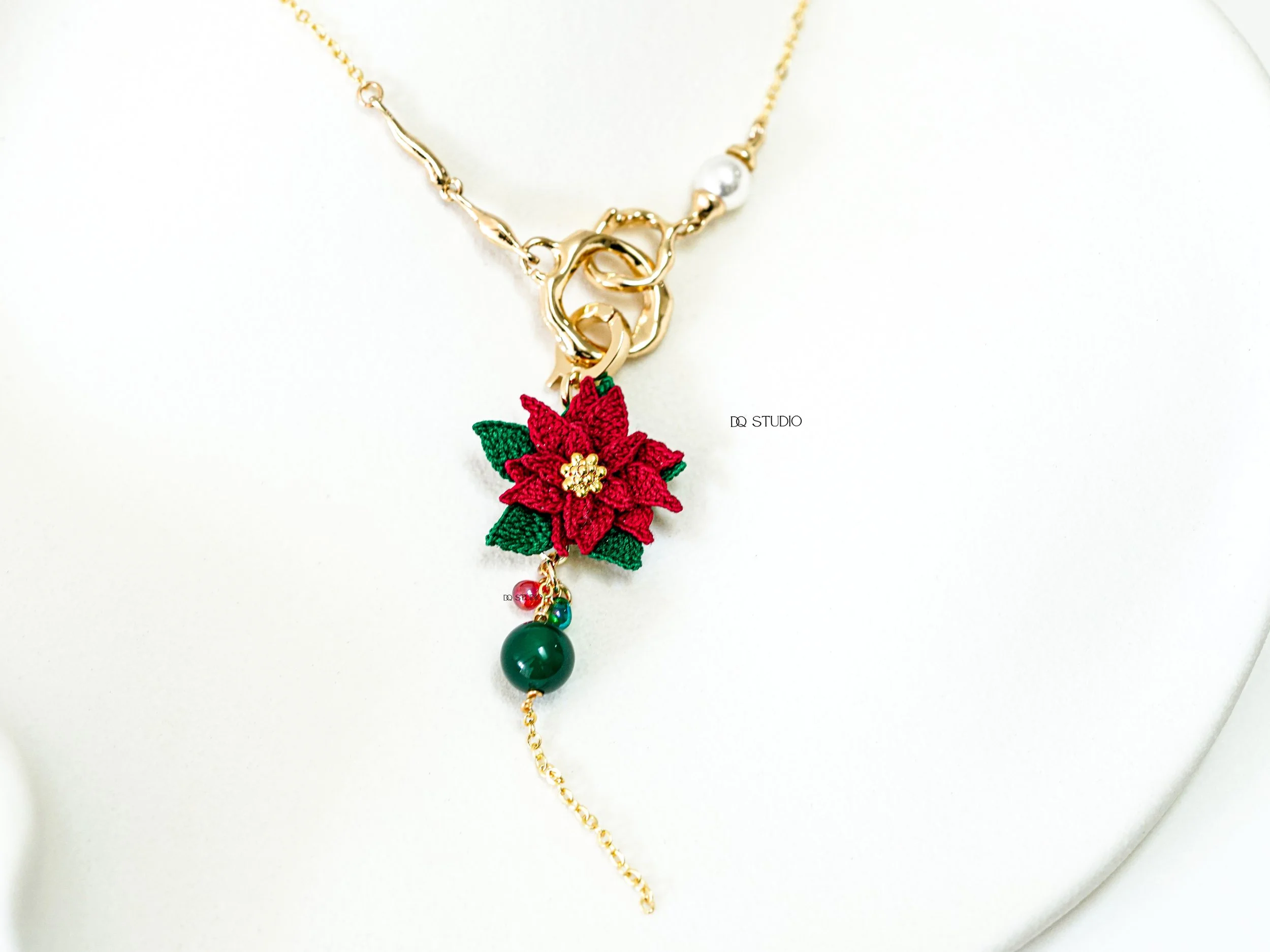 Micro Crochet Poinsettia Handmade Christmas Flower Necklace Holiday Floral Jewelry Festive Gift for Her