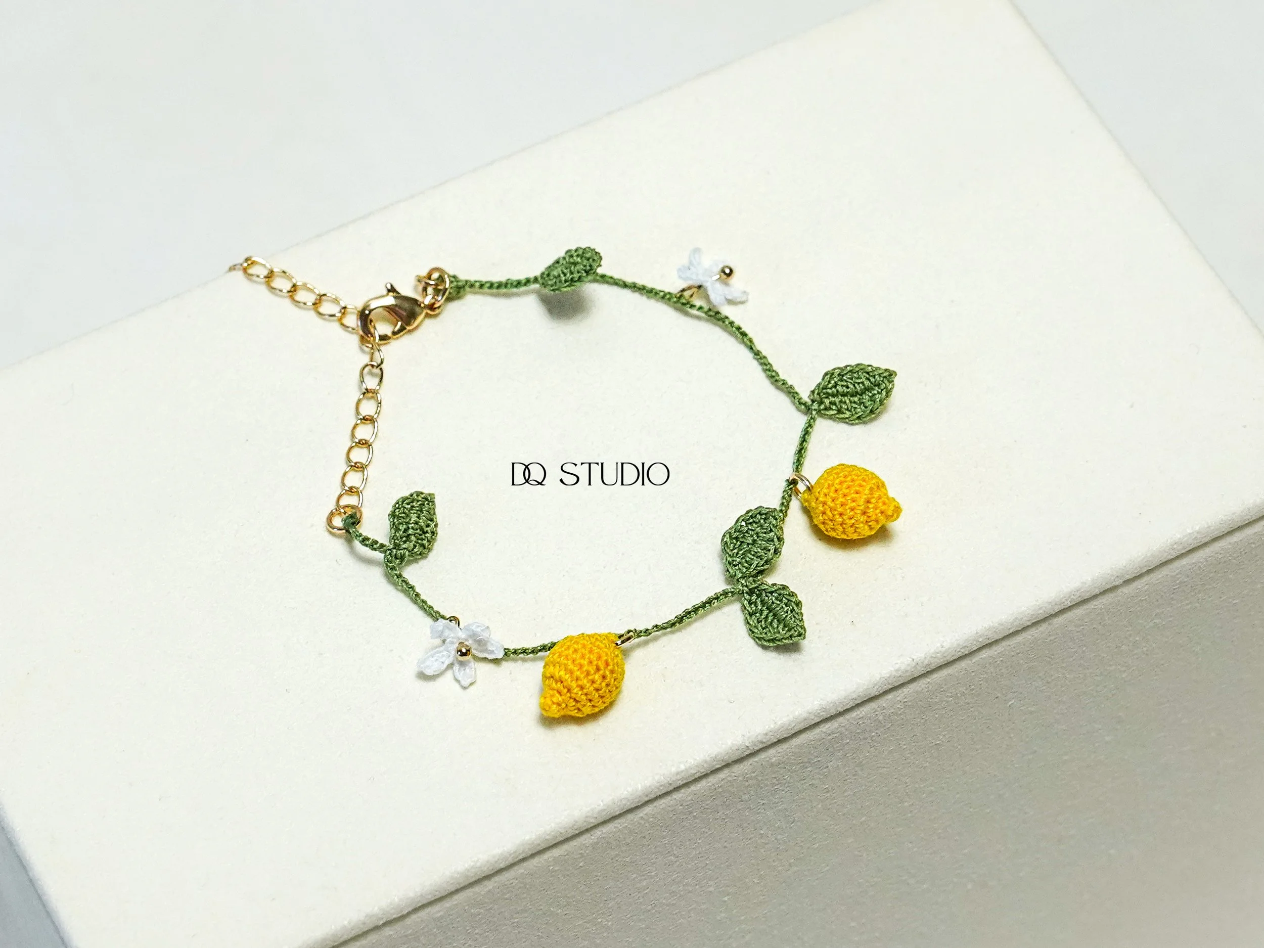 Whispering Garden Micro Crochet Lemon Bracelet Handmade Citrus Fruit Jewelry Botanical Summer Accessory Cute Gift for Her