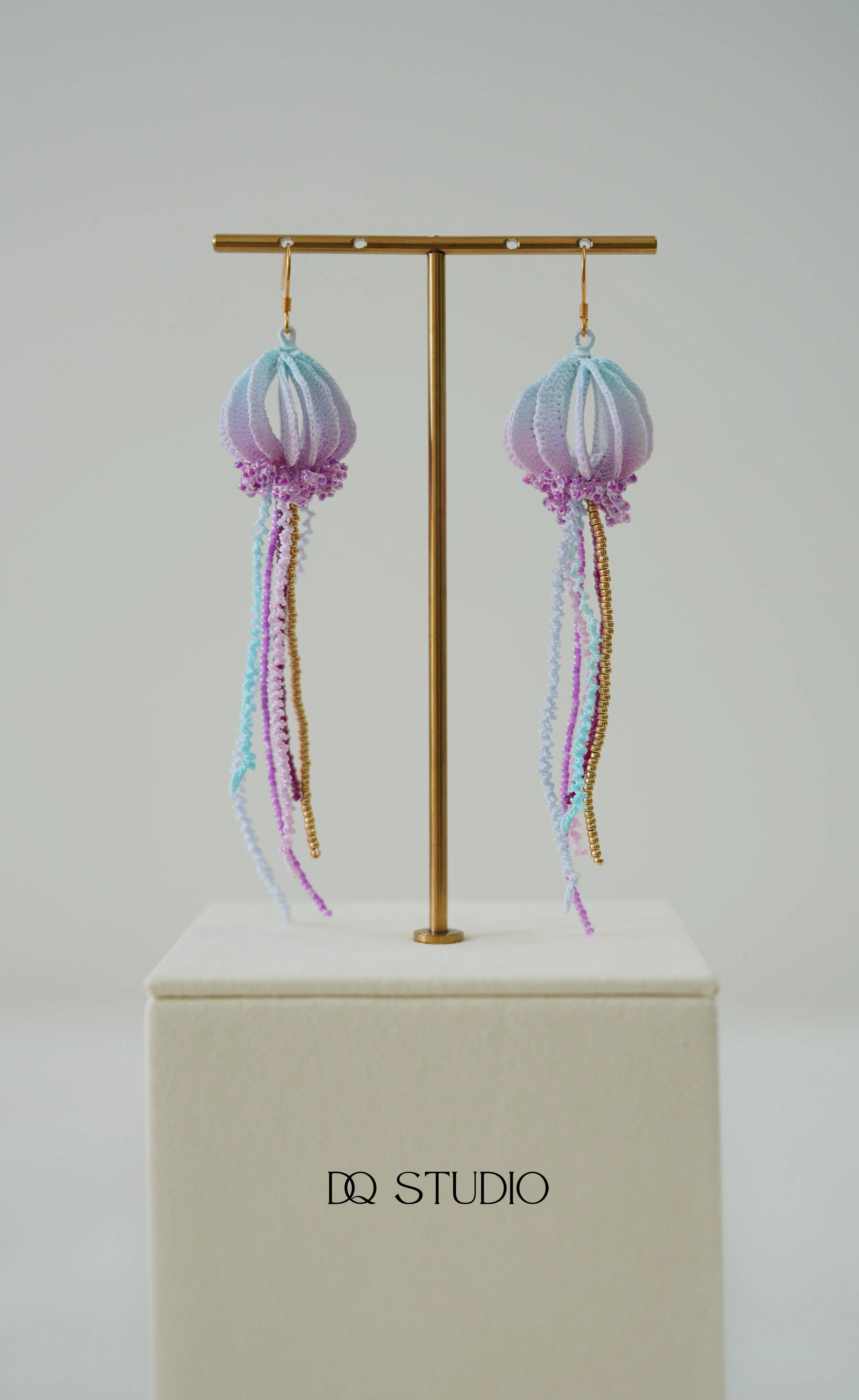 Micro Crochet Earrings Jellyfish Pastel Ocean Earrings  Handmade Fiber Art Jewelry  Lightweight Dangly Earrings  Unique Crochet Gift