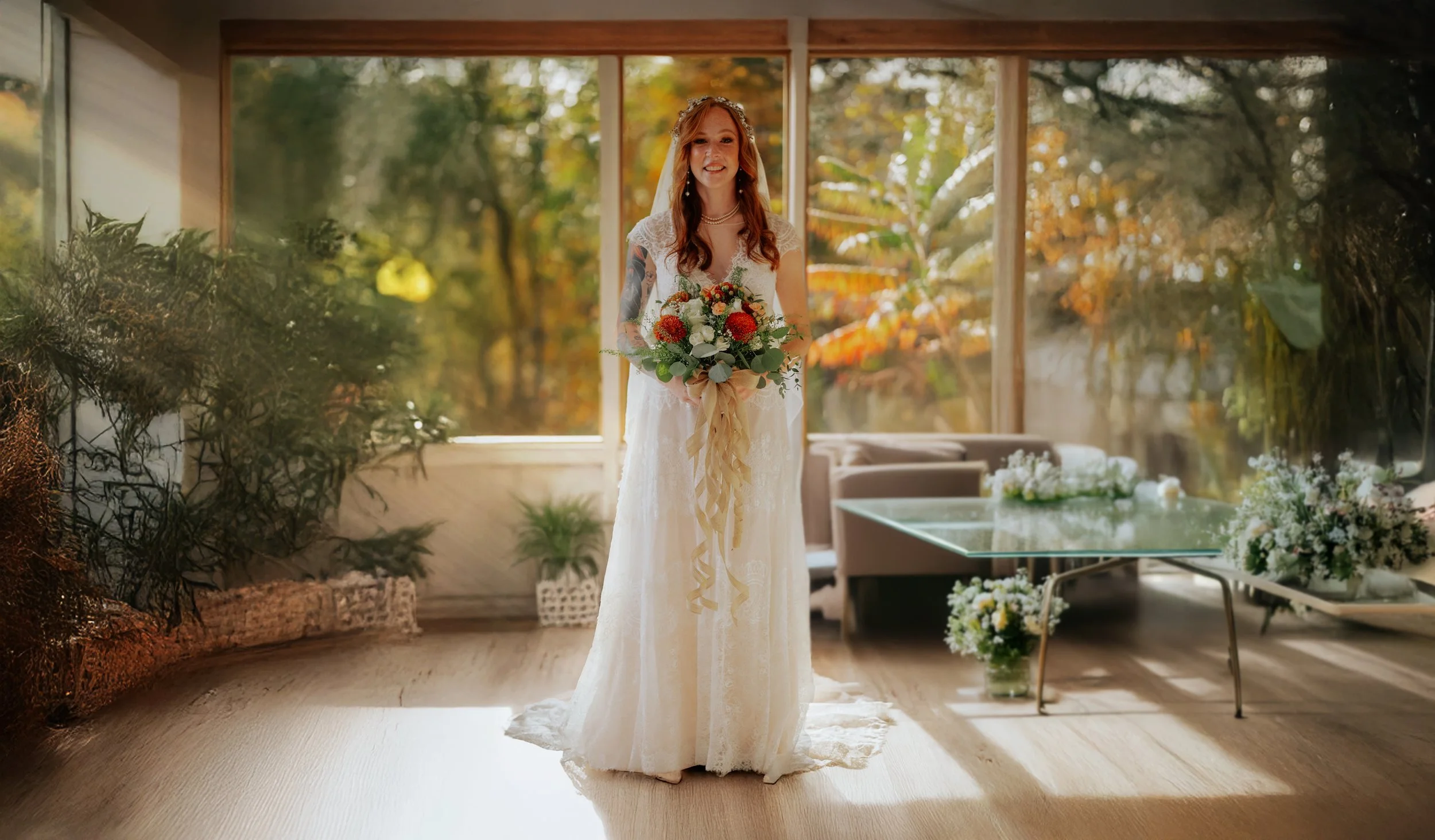 A bride standing indoors near large windows, holding a bouquet of flowers, dressed in a white wedding gown with autumn outdoors visible through the windows.
