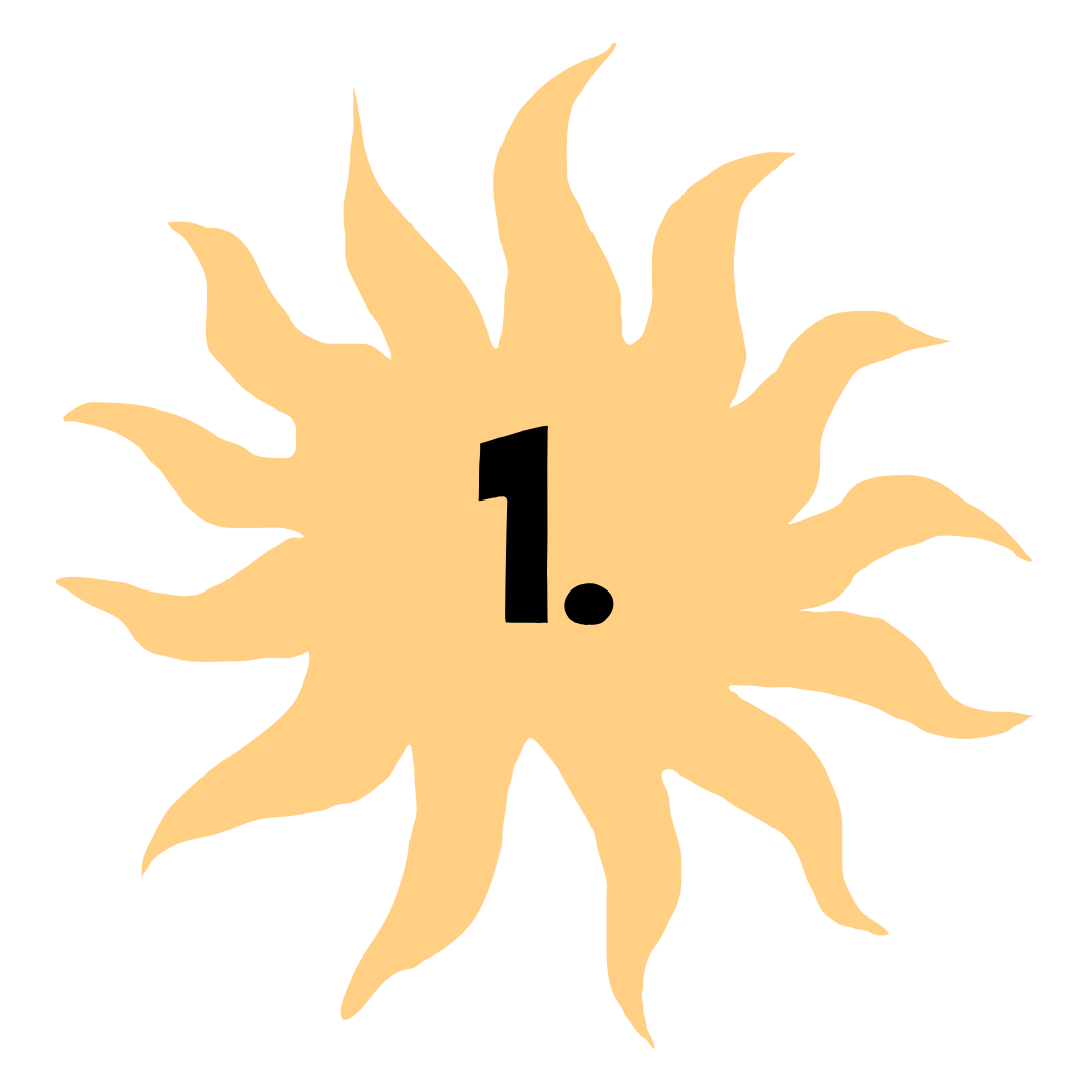 A beige sun graphic with wavy rays and the number 1. in black at the center.