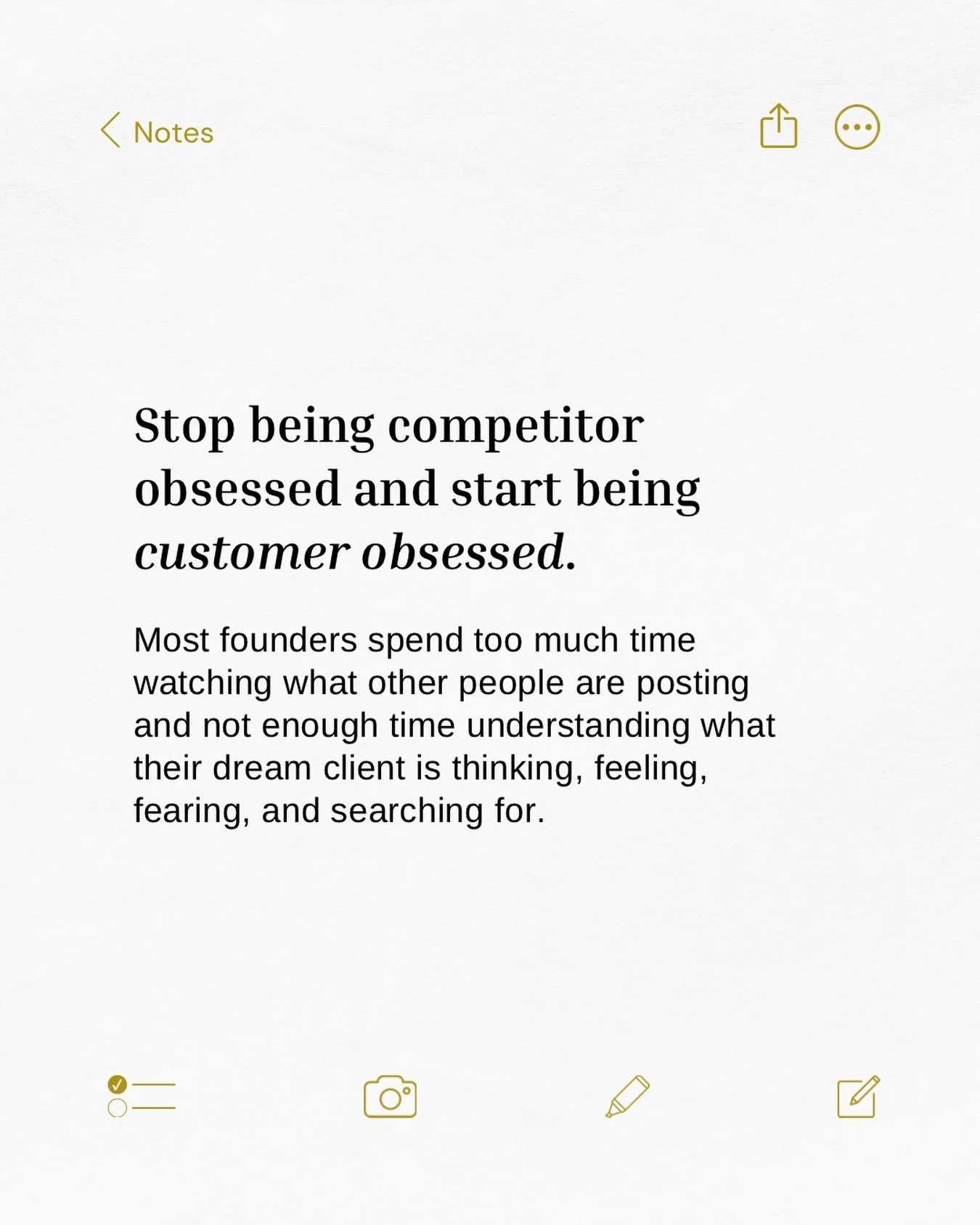 Your competitors are not your strategy, your customers are 👀

Put yourself in your dream clients shoes and ask yourself:
&rarr; what is she frustrated by right now? 
&rarr; what does she want but not know how to say? 
&rarr; what would make her situ
