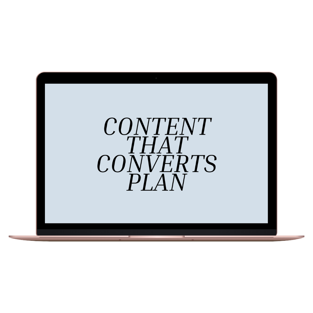 Laptop displaying the text 'Content That Converts Plan' on a light blue background