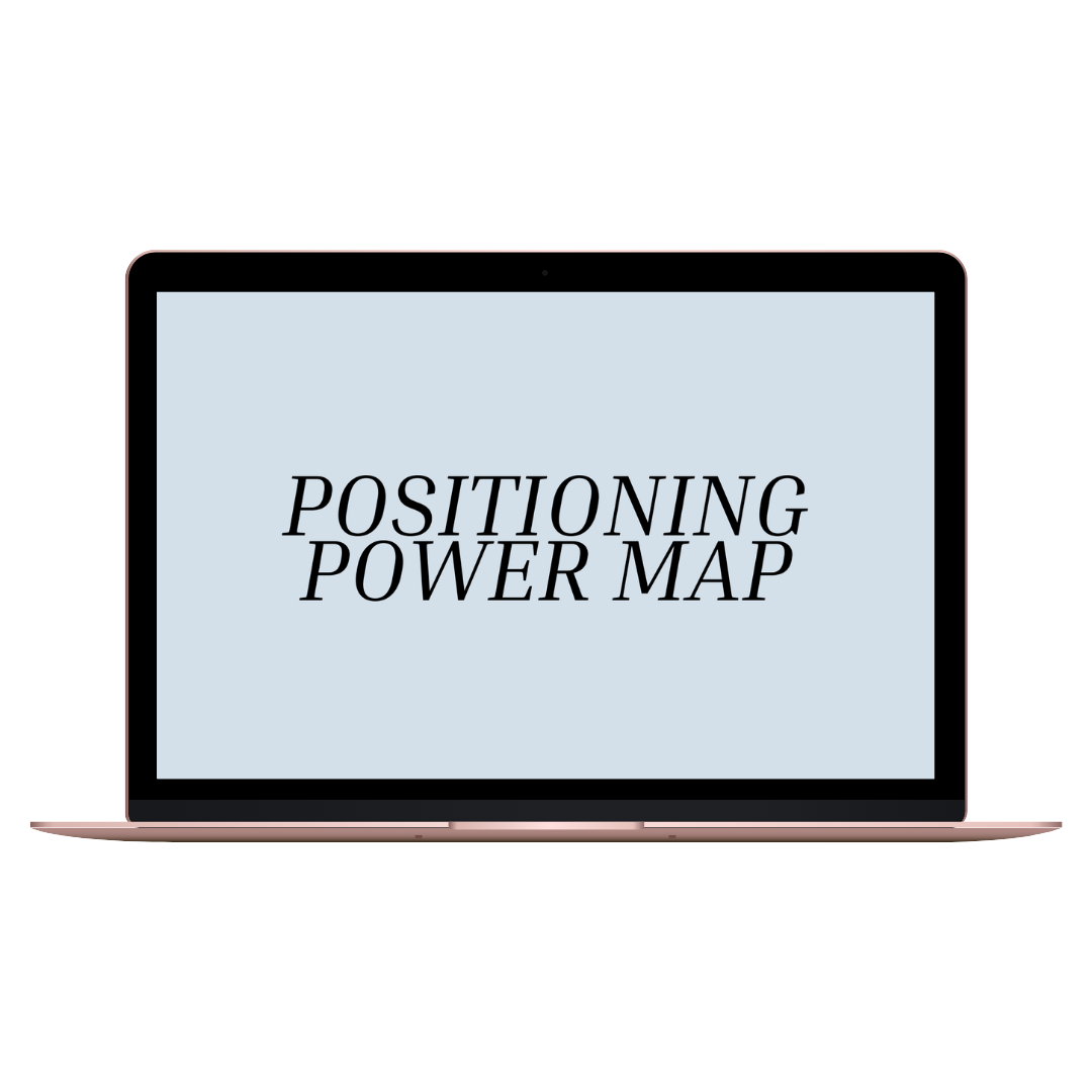 A laptop with a screen displaying the text 'Positioning Power Map' on a light blue background.