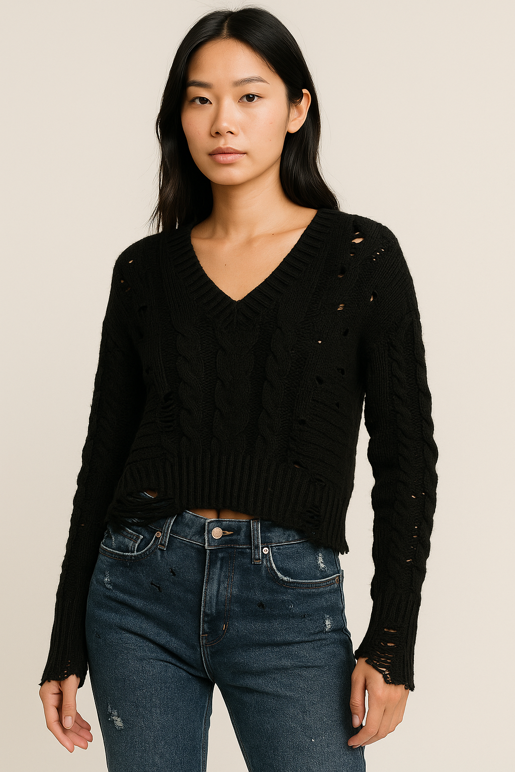 Black Distressed Cable Knit Crop