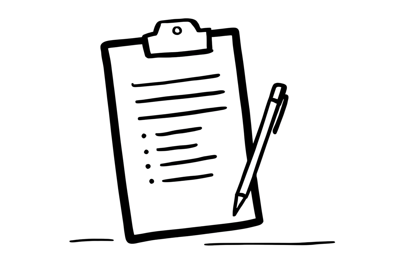 A black and white line drawing of a clipboard with a checklist and a pen attached to it.