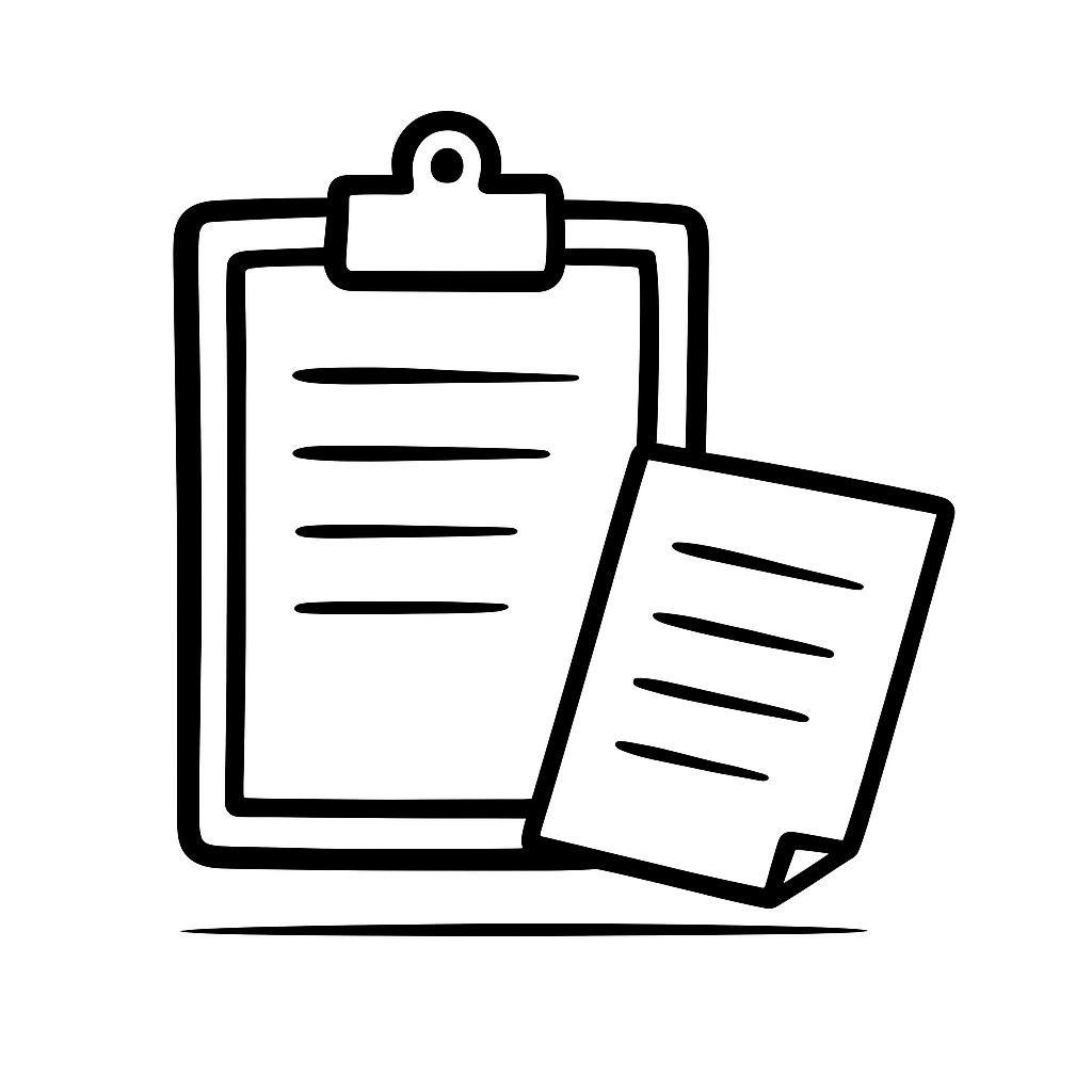 Outline drawing of a clipboard with a sheet of paper and a smaller piece of paper or note in front of it.