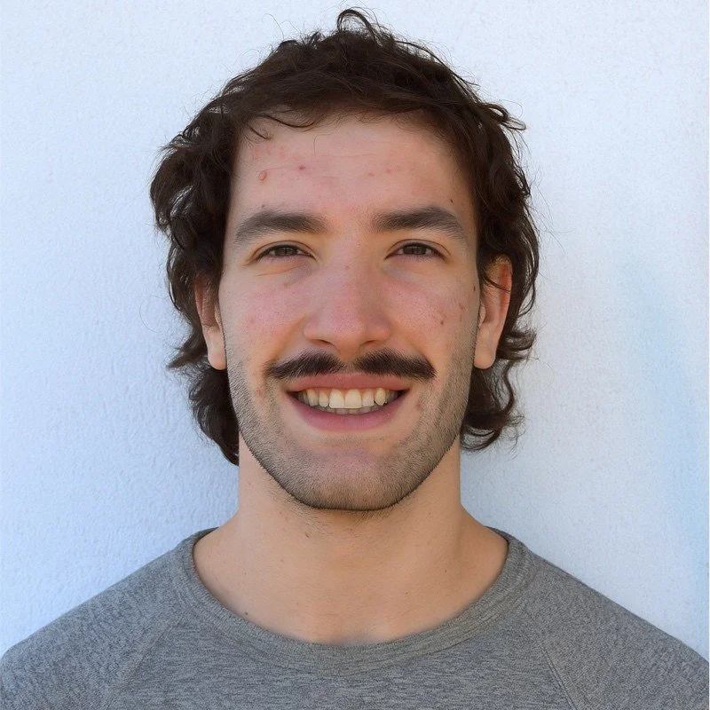 A young man with dark, curly hair, a mustache, and some acne on his face, smiling in front of a white wall, wearing a gray shirt.