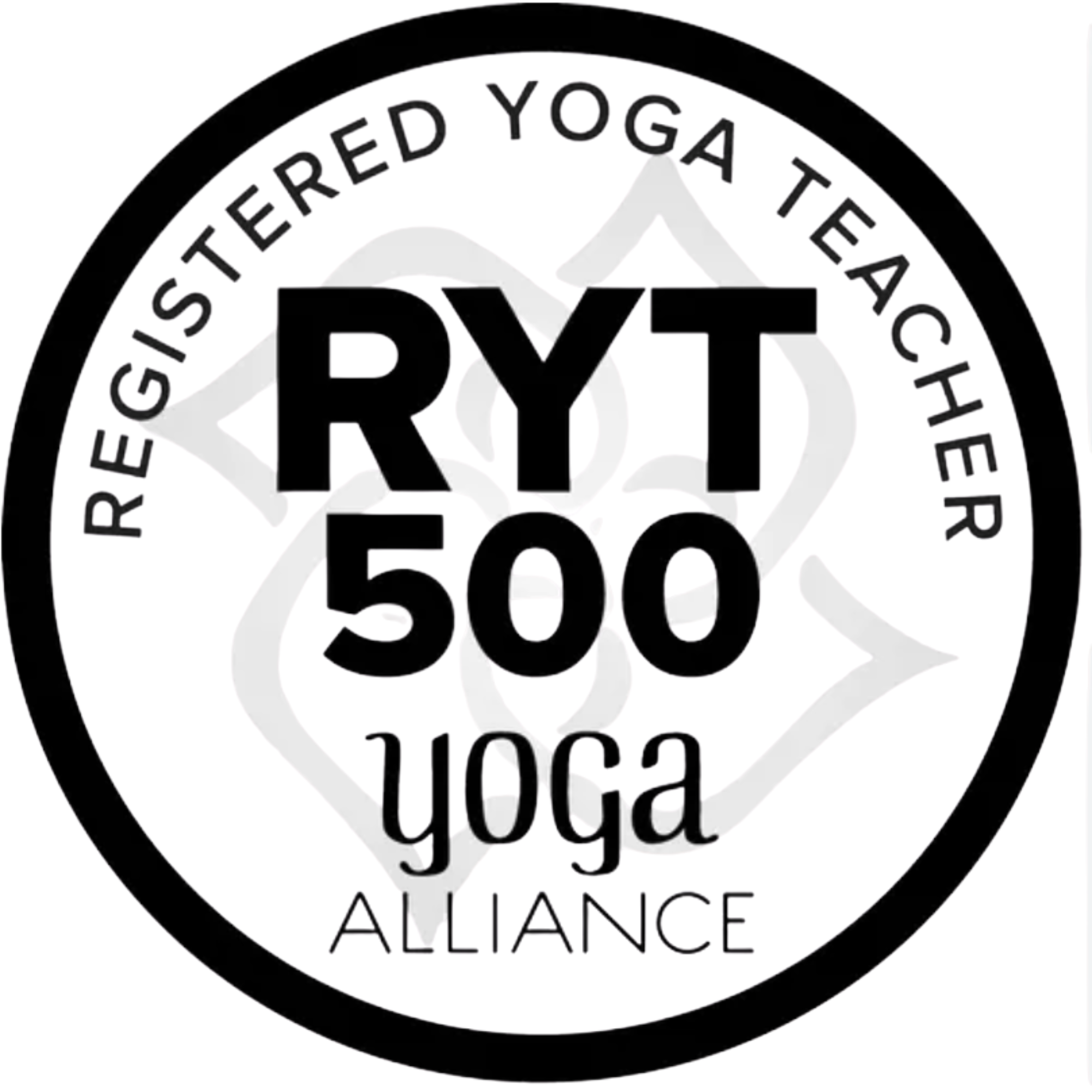 A circular logo with the text RYT for Registered Yoga Teacher in the center. Surrounding the logo, it reads 'Registered Yoga Teacher 500 hour yoga Alliance.