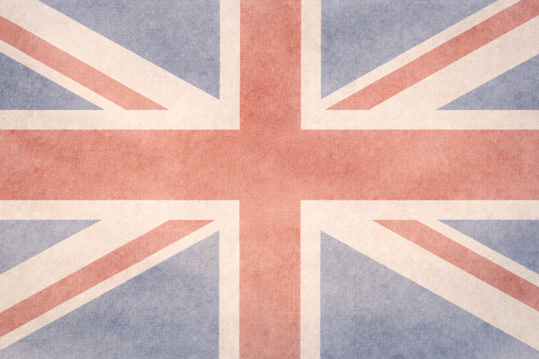 The image shows the Union Jack, the national flag of the United Kingdom, with a textured, vintage appearance. Representing Enland and the United Kingdom.