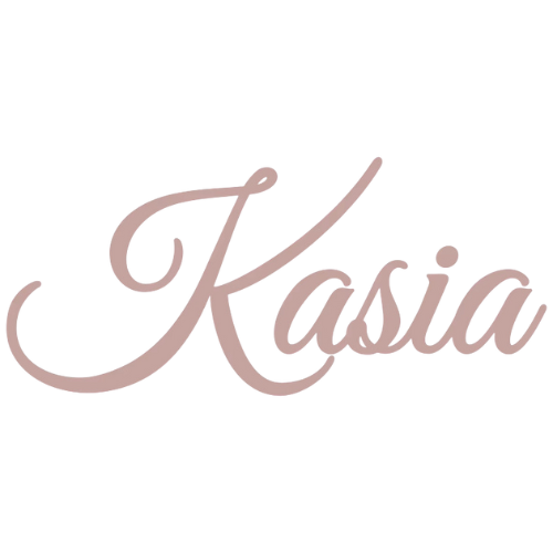 The word 'Kasia' written in elegant cursive font on a black background. Which is a company who sells crystal sound bowls.