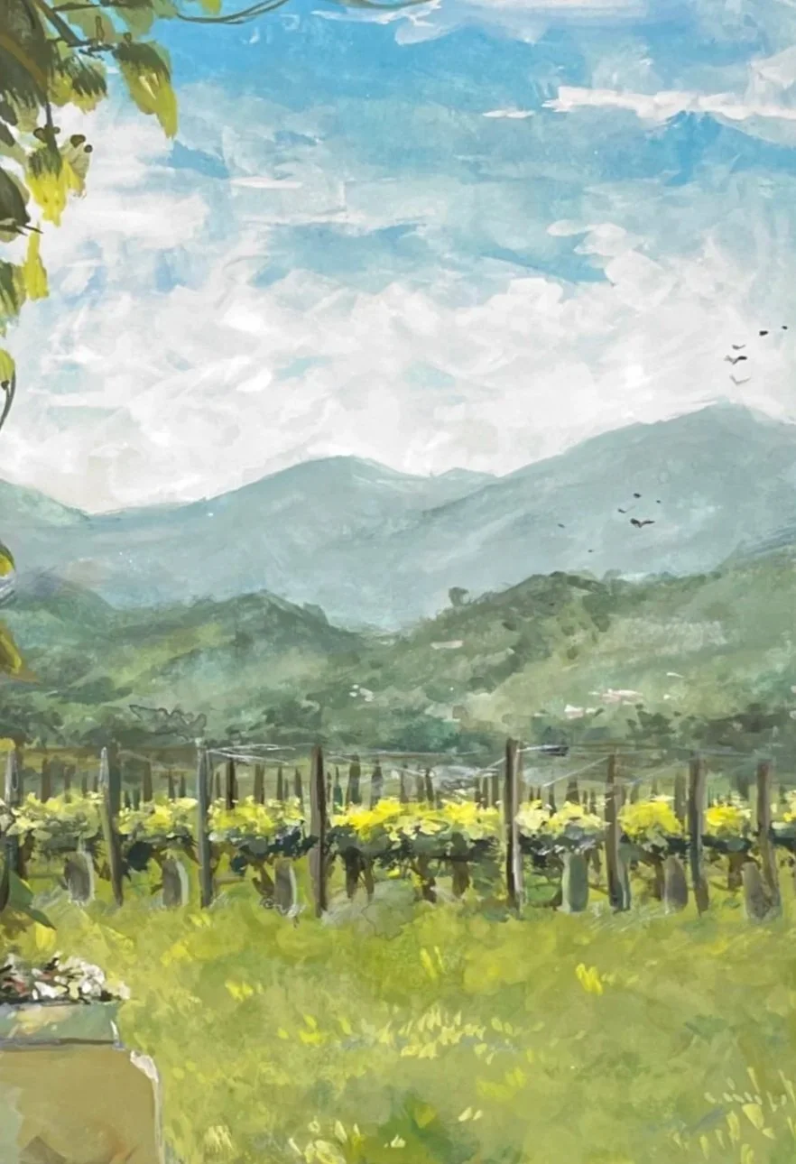 Gouache painting of a vineyard with green hills and mountains in the background, a blue sky with clouds, and a flock of birds flying.