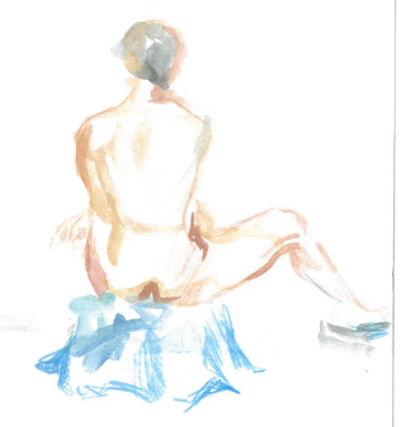 Watercolour painting of a person sitting on a stool with their back to the viewer, facing away, with a loose, abstract style.