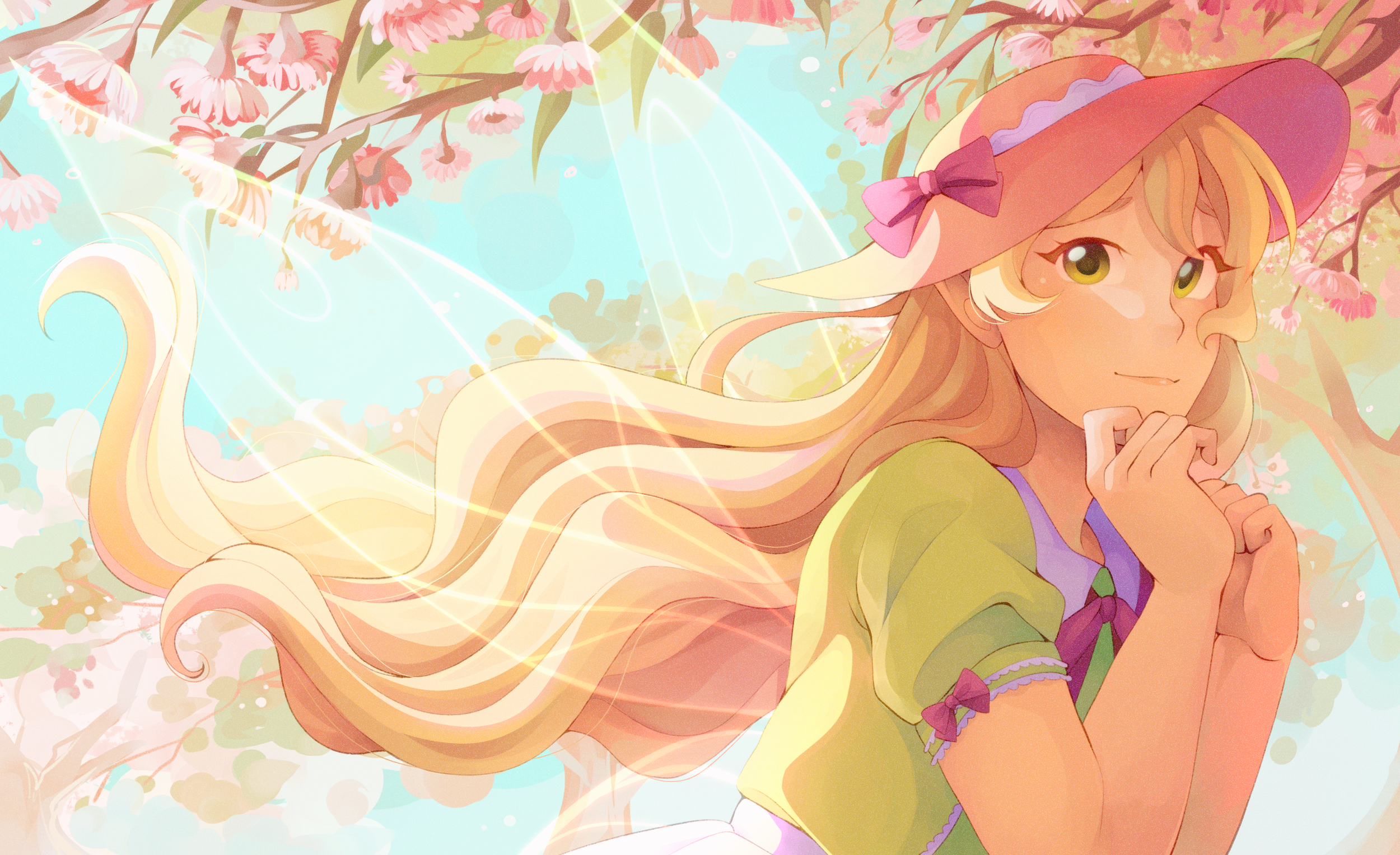 Anime-style drawing of a girl with long blonde hair, wearing a pink wide-brimmed hat with a purple bow, green and purple dress, standing under blooming trees with pink flowers, in a bright, sunny setting. Visual development.