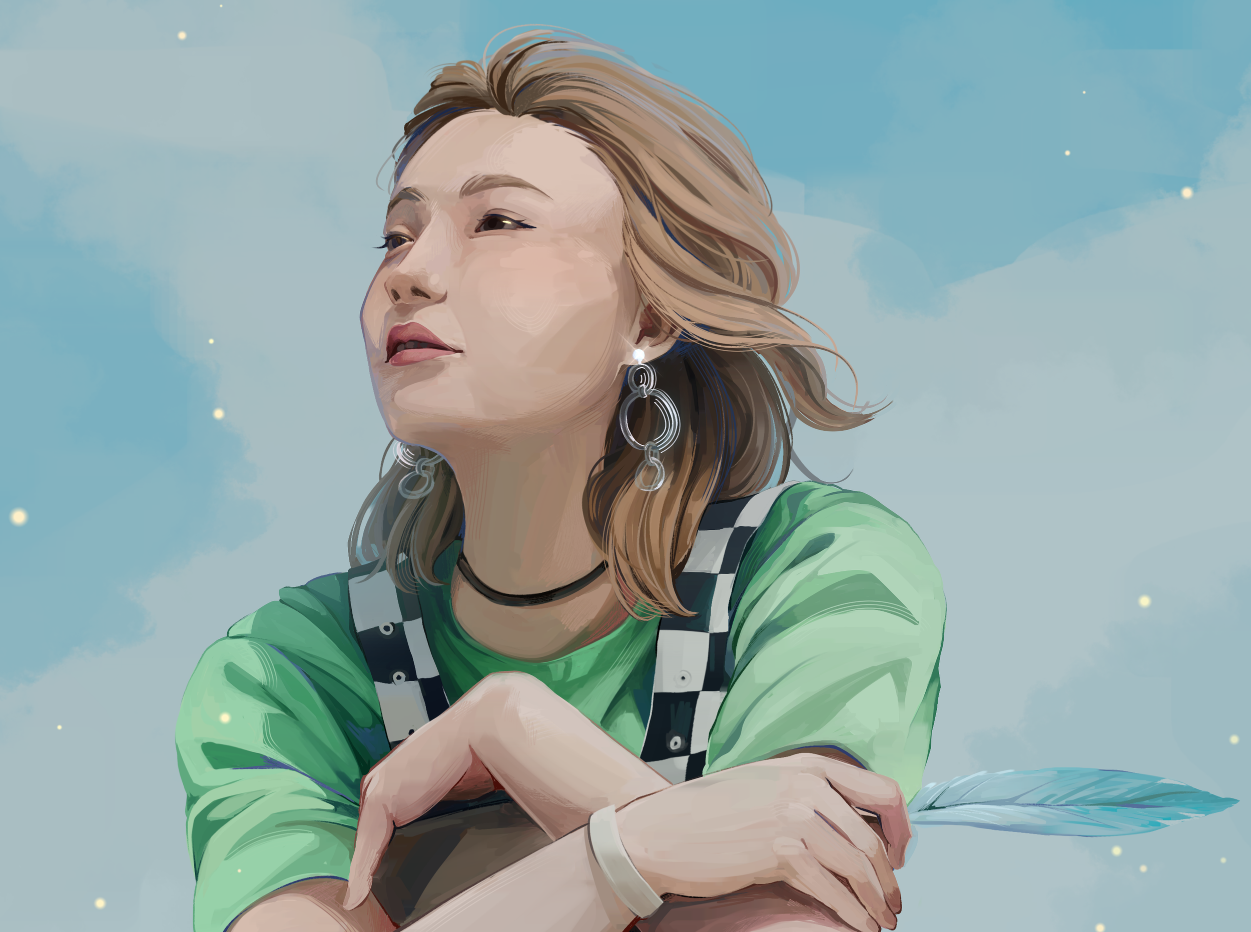 Digital artwork of a woman with shoulder-length light brown hair, wearing large hoop earrings, a black choker, a green shirt, and suspenders, posing with her arms crossed against a blue sky background with a white feather. Study.