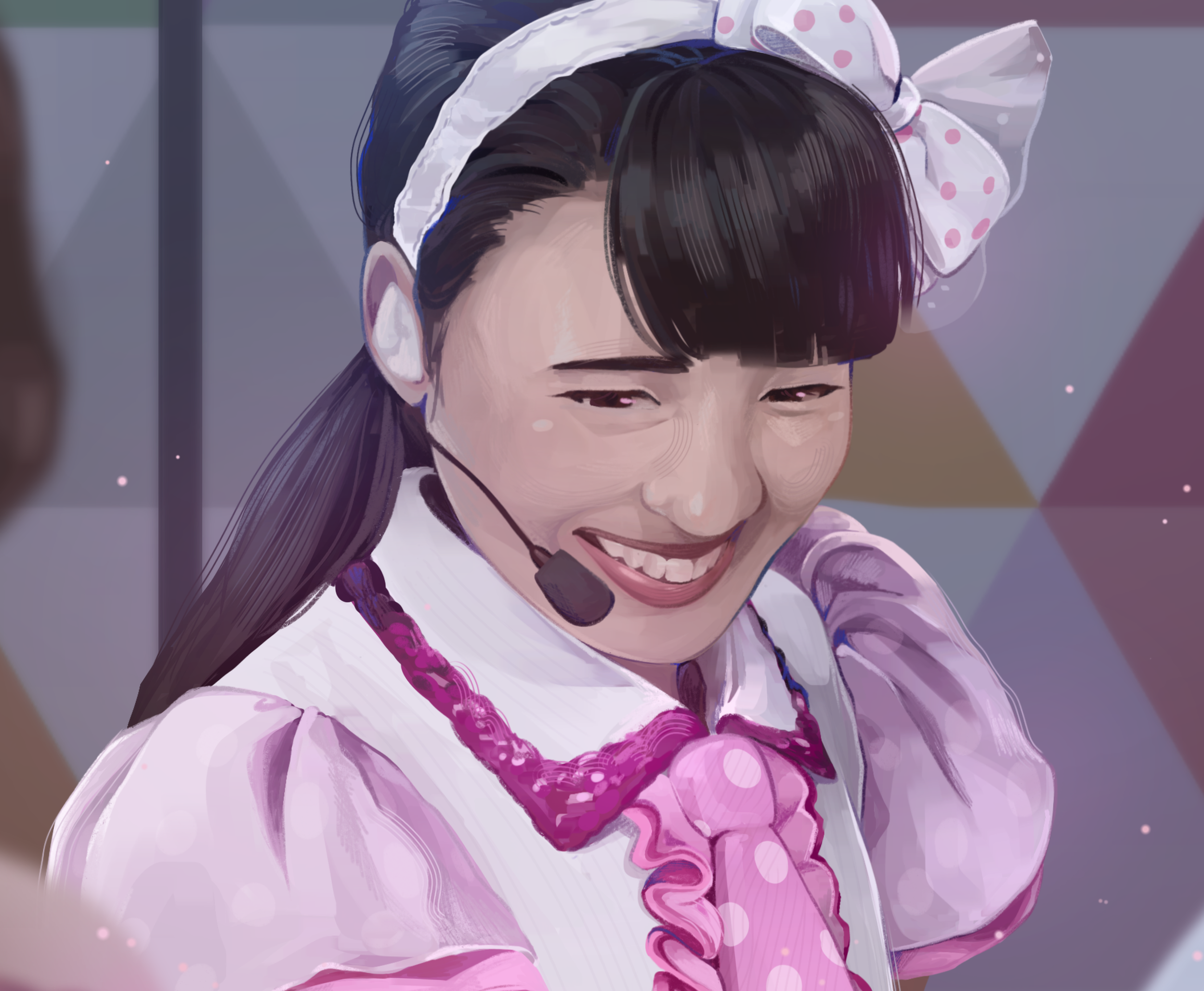 A young woman with long dark hair wearing a pink outfit with ruffled pink details, a pink and white polka dot headband, and a headset microphone smiling. Realism.