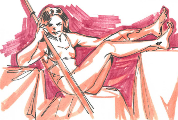 A woman sitting on a cloth-covered surface, with her legs extended and one arm resting on her knee, holding a stick or pole, with a pink background.