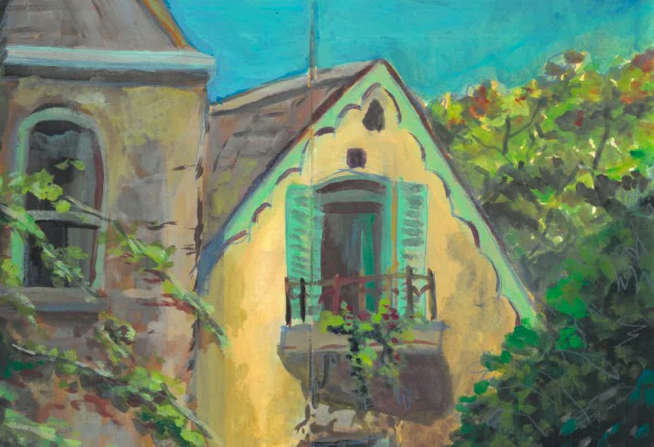 A gouache painting of an old house with yellow stucco walls, green shutters on a second-floor window, small balcony with a red railing, surrounded by lush green trees and foliage, under a bright blue sky.