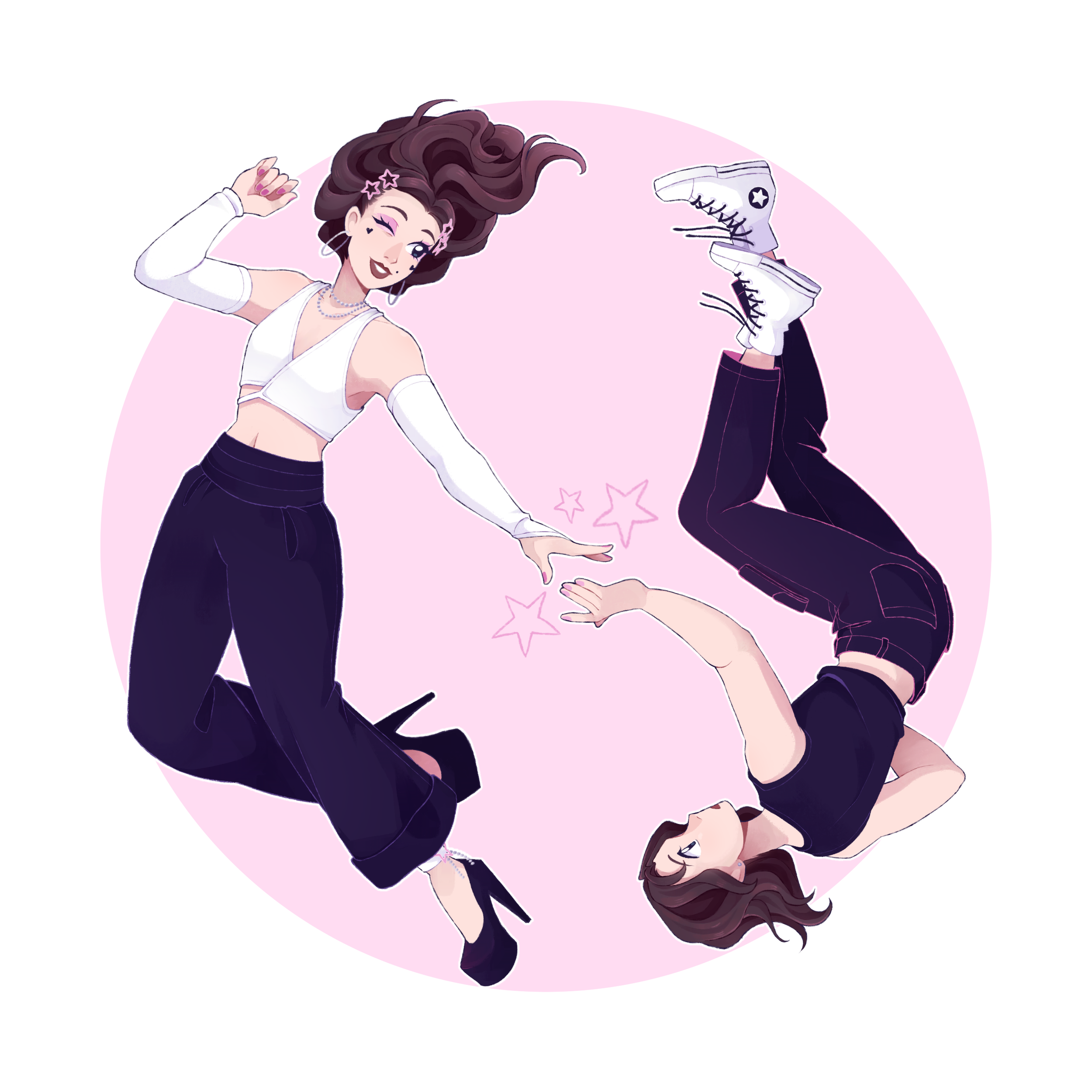 Illustration of two young men reaching out to each other and touching hands, with pink stars around them, set against a light pink circular background.