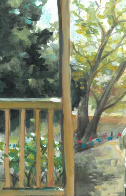Watercolor painting of a backyard scene with wooden railing, trees, and lush greenery.
