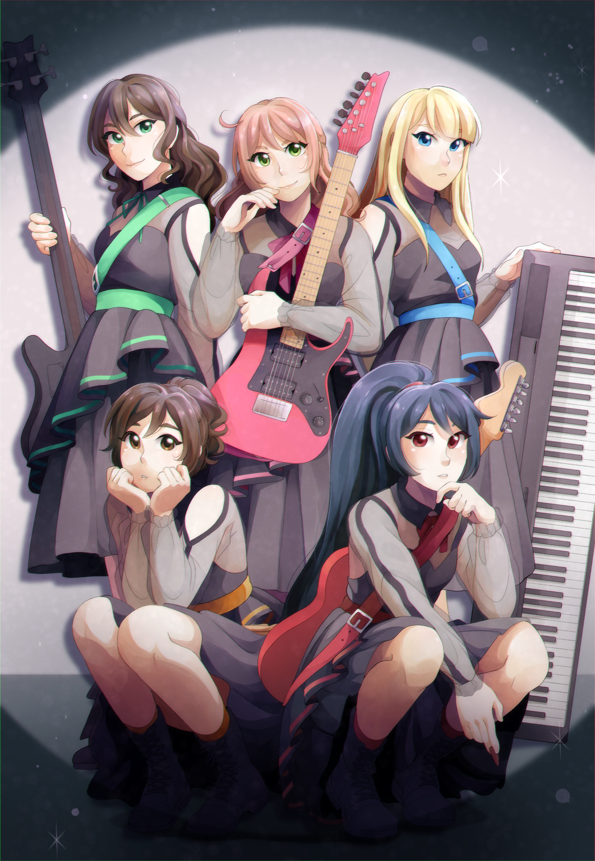 Anime-style illustration of five girls in school uniforms with musical instruments, including guitars, a keyboard, and a mic, against a starry backdrop.