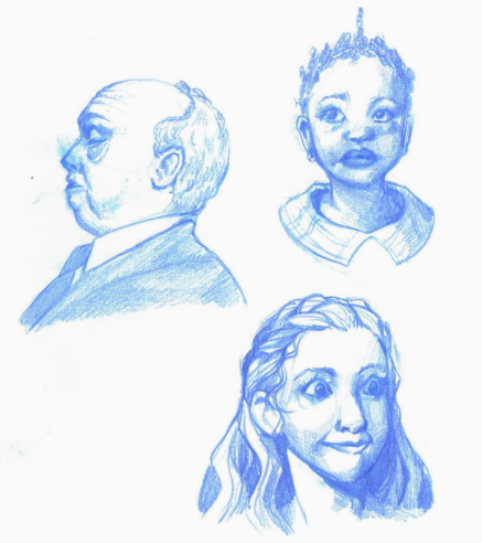 Sketches of three people in blue pencil: an elderly man in profile, a young girl with short curly hair, and a woman with long wavy hair.