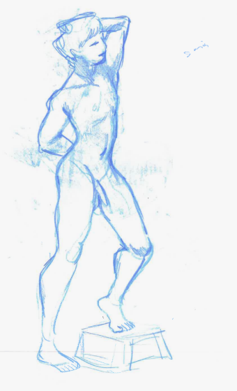 A sketch of a person standing with one foot on a step, one hand behind their head, and the other hand resting on their hip.