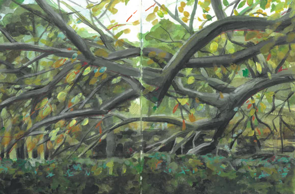 Painting of a dense tree with multiple large, dark branches and green foliage.