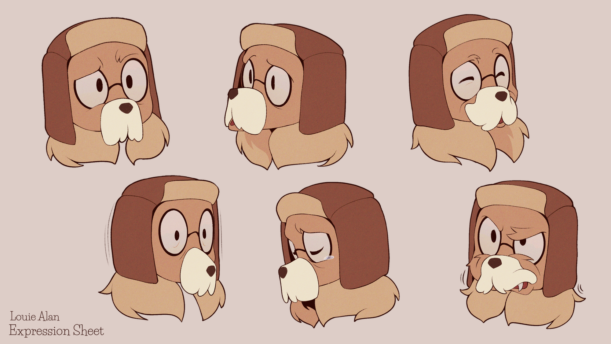 Six cartoon illustrations of a dog’s head showing various facial expressions. The bottom left corner has text reading "Expression Sheet."
