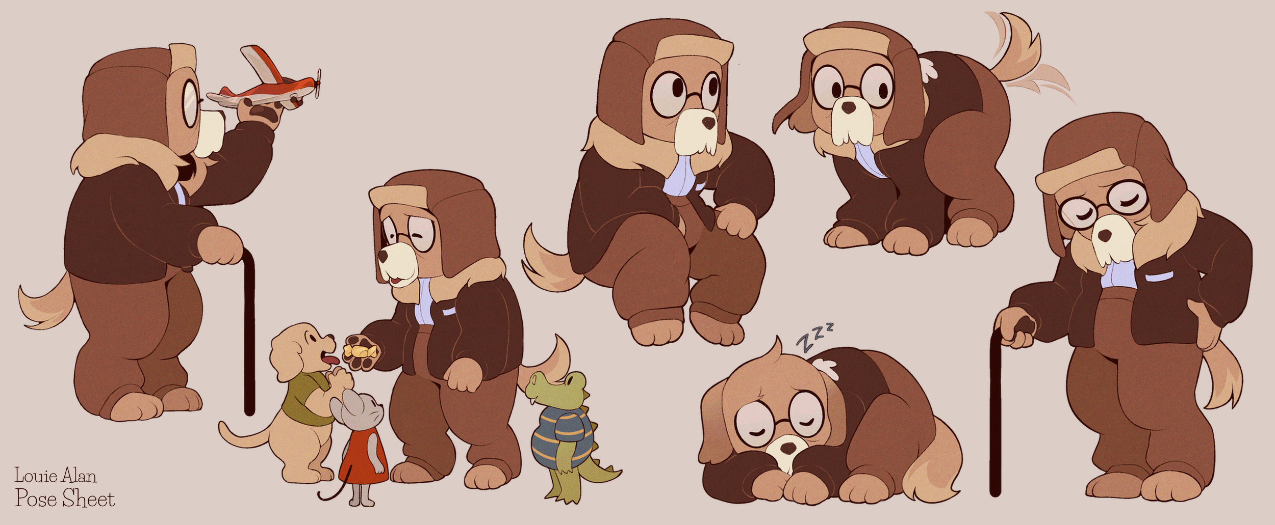 Illustration of a dog character in various poses, including sitting, lying down, standing with a cane, and interacting with other animals, with a small airplane toy.