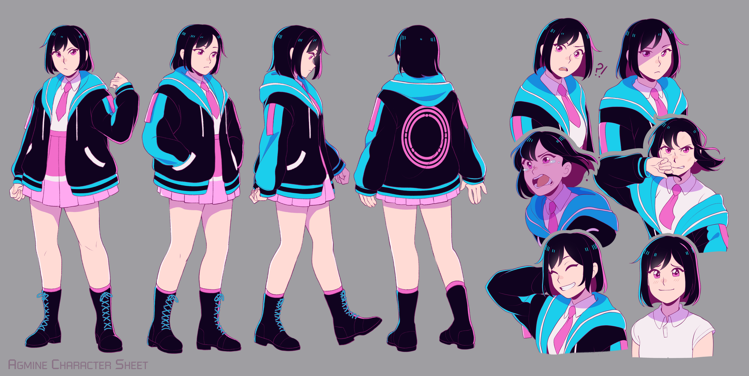 Anime-style character sheet. Turn around character design with expression sheet.